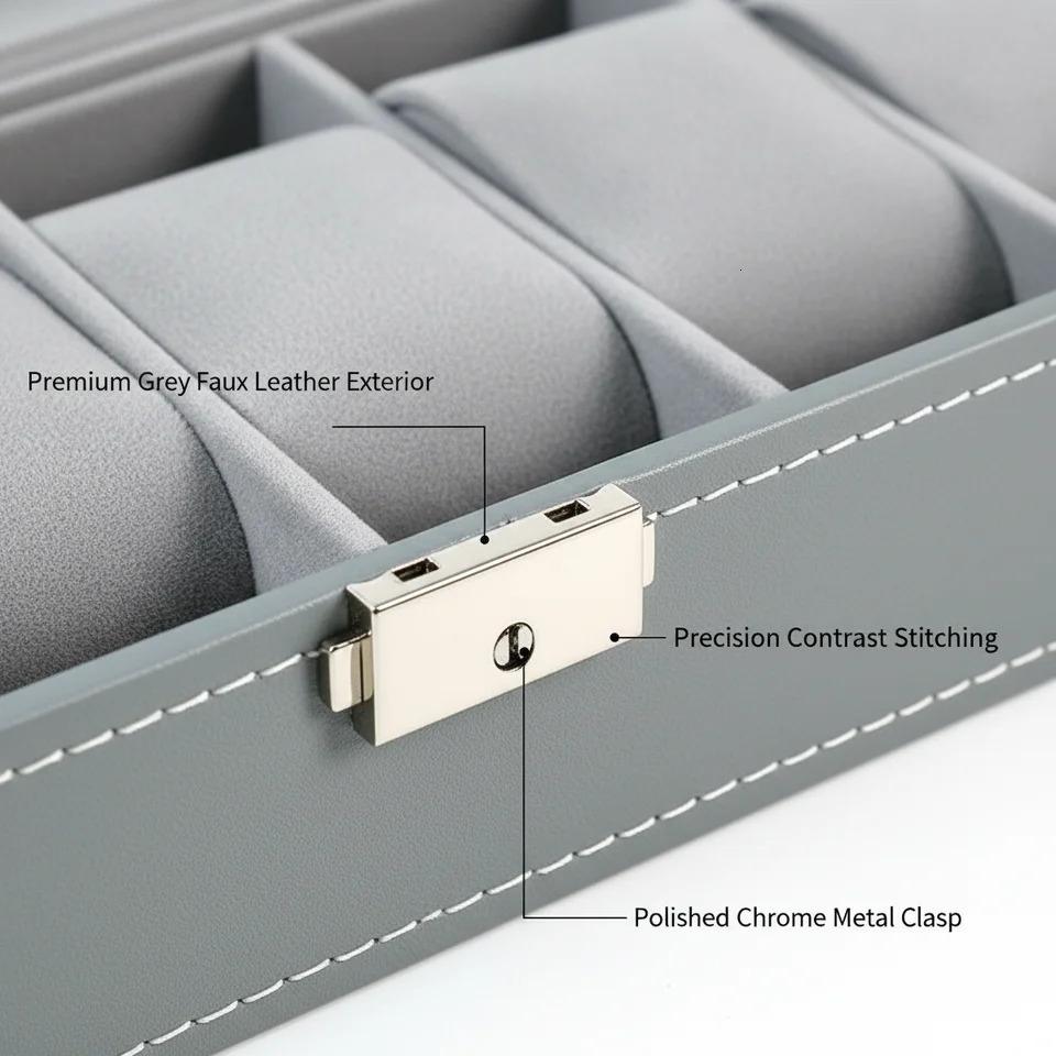6-Slot Watch Box with Lock Built-in Mirror - Gray Faux Leather Watch Organizer with Soft Protective Lining 260327