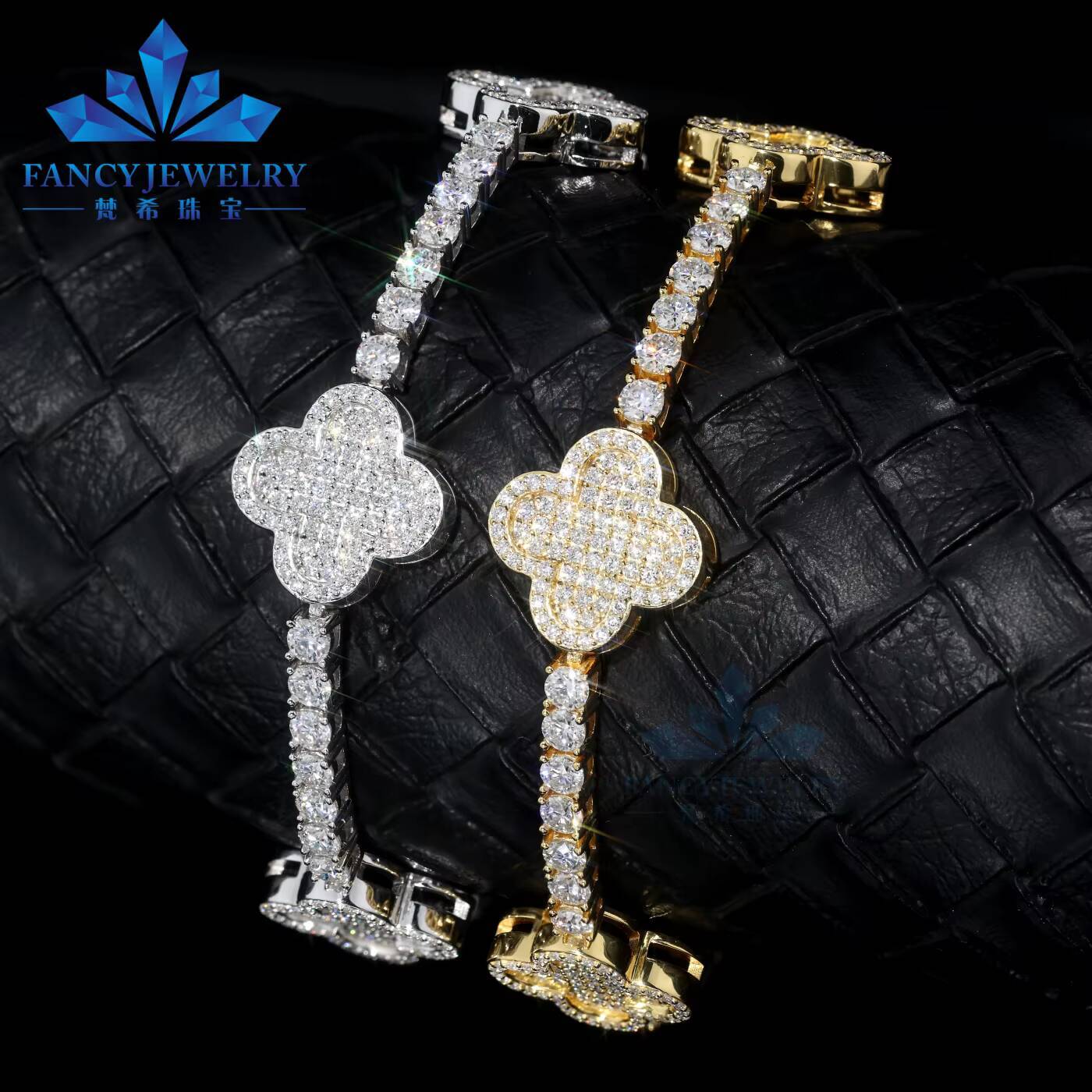 Wholesale 925 Silver Sterling Silver Fine Jewelry Girls Bracelets 15mm Vvs1 Moissanite Tennis Chain Clover Bracelet Charms