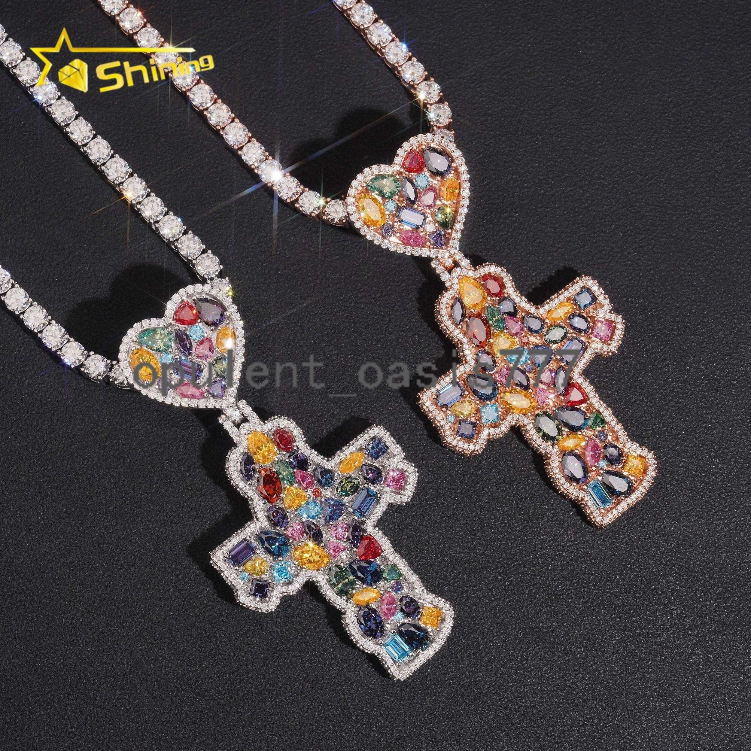 Hip Hop Jewelry Iced Out 925 Silver Rose Gold Top Quality Multi-color Moissanite Diamond Cross Pendant