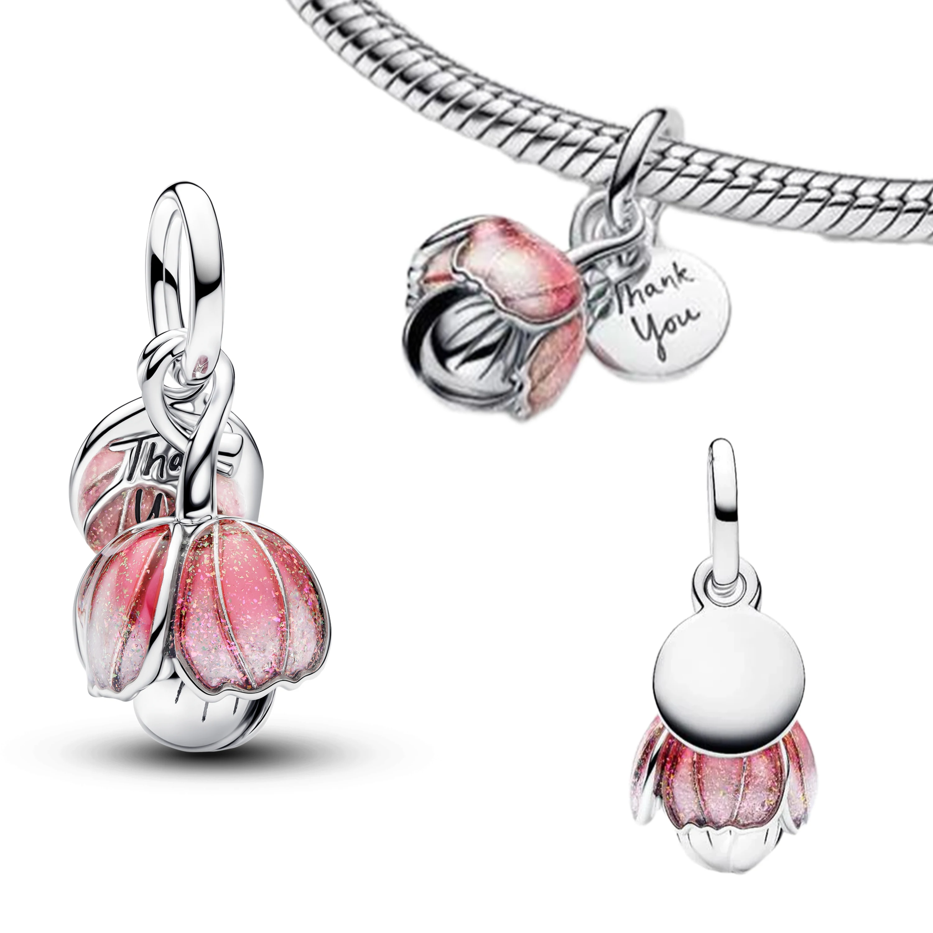 2026 New Texture Mushroom Pink Tulip Flower Bud Caterpillar Clover Dangle Apple Charm Dog Gem Butterfly Beads Fine Jewelry Mother's day Gift DIY