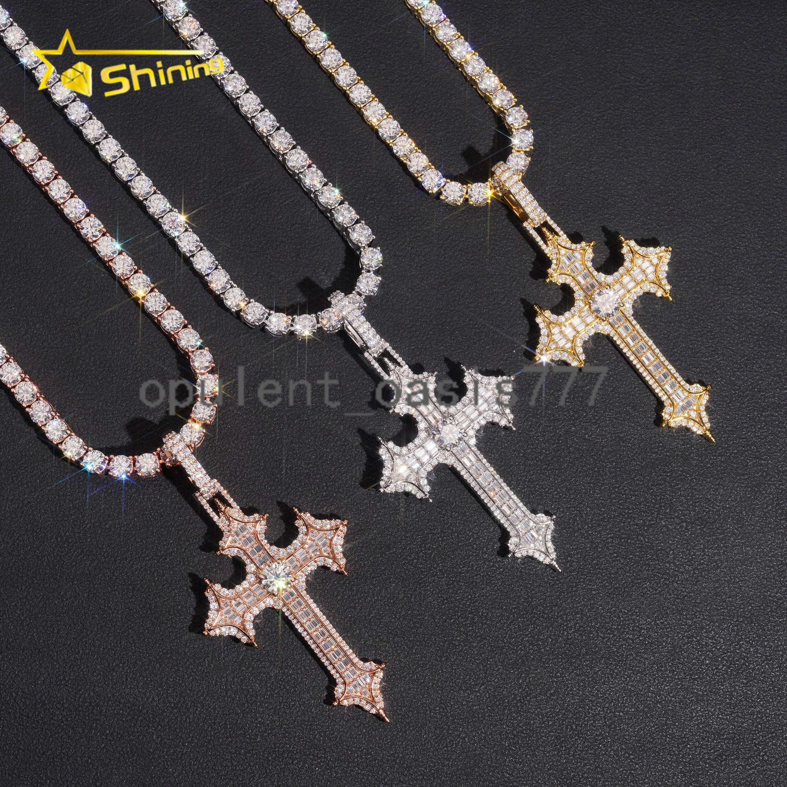 New Style Hip Hop Baguette Iced Out Pass Diamond Tester 925 Silver Cross Moissanite Pendant