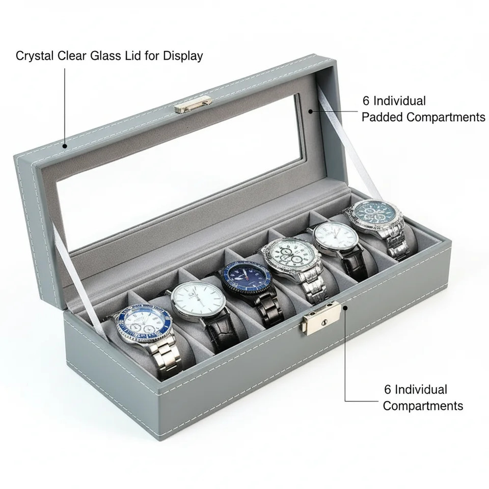 6-Slot Watch Box with Lock Built-in Mirror - Gray Faux Leather Watch Organizer with Soft Protective Lining 260327
