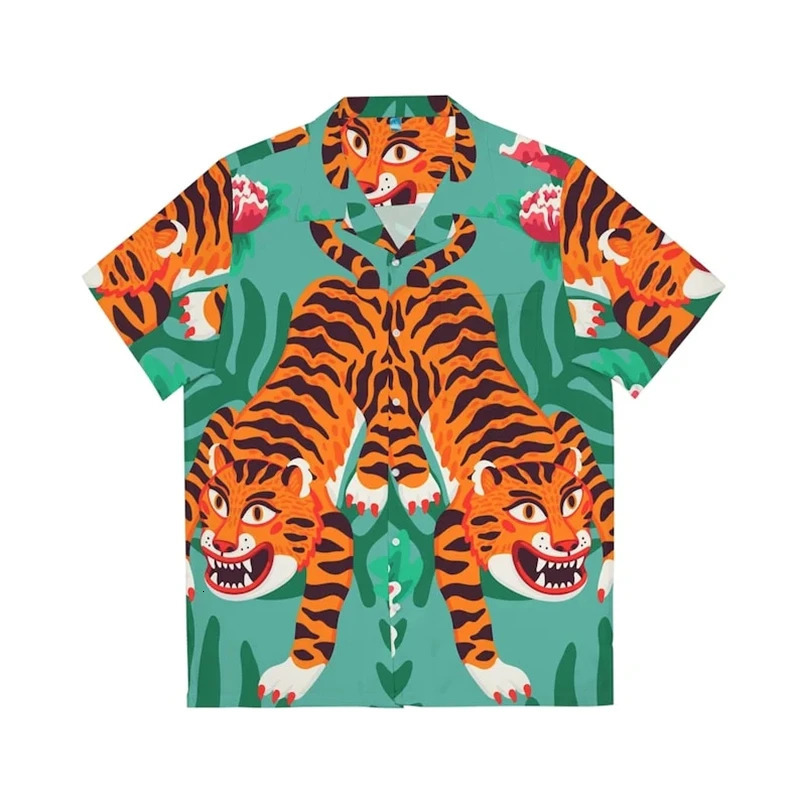 Hawaiian Beach Tiger Pattern Shirts For Men Clothing Fashion Hawaii Animal 3D Printed Short Sleeve Holiday Party Y2k Tops Blouse260317