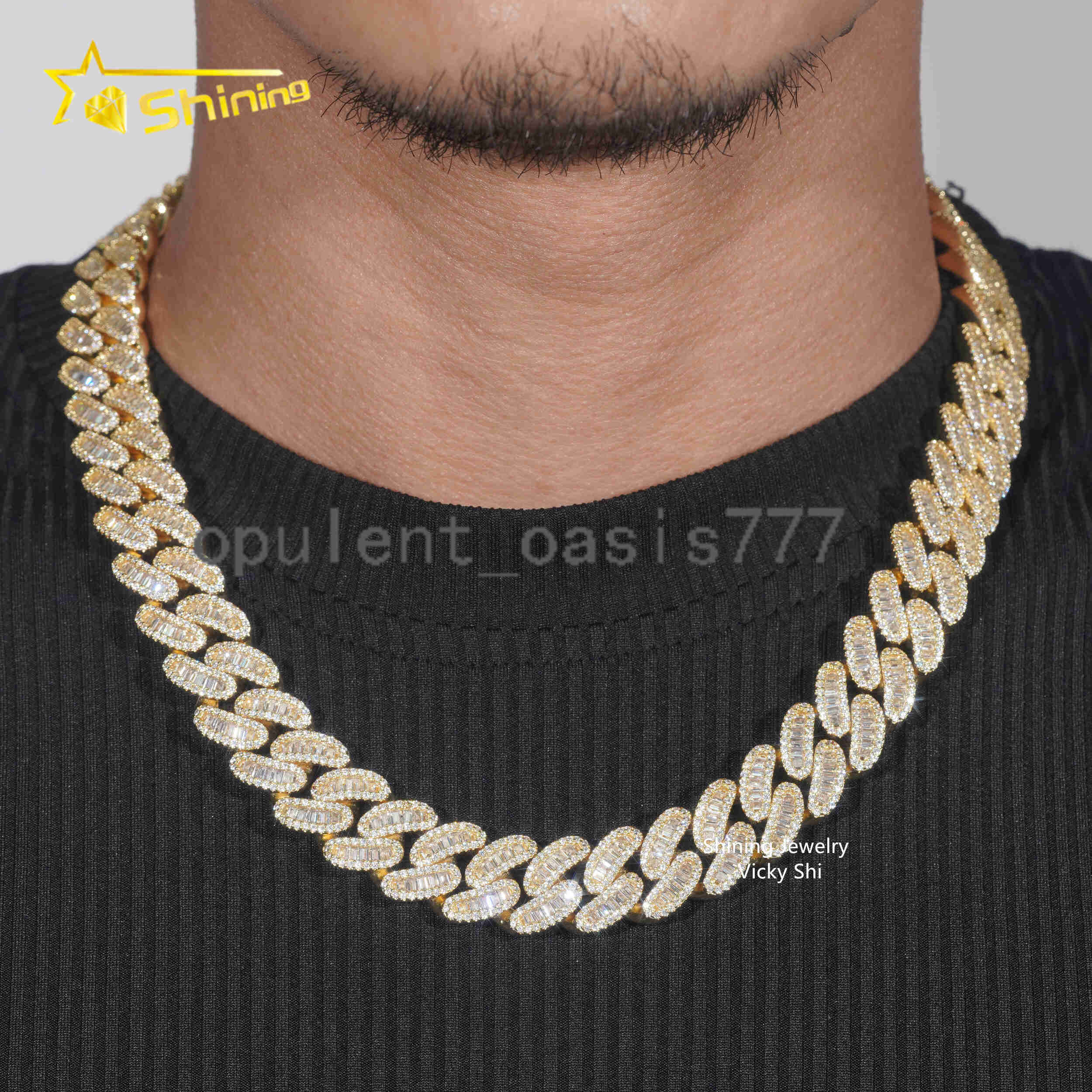 Fully Iced Out Baguette Diamond Man Hip Hop Necklace 925 Sterling Silver 16MM Width D VVS Moissanite Cuban Link Chain