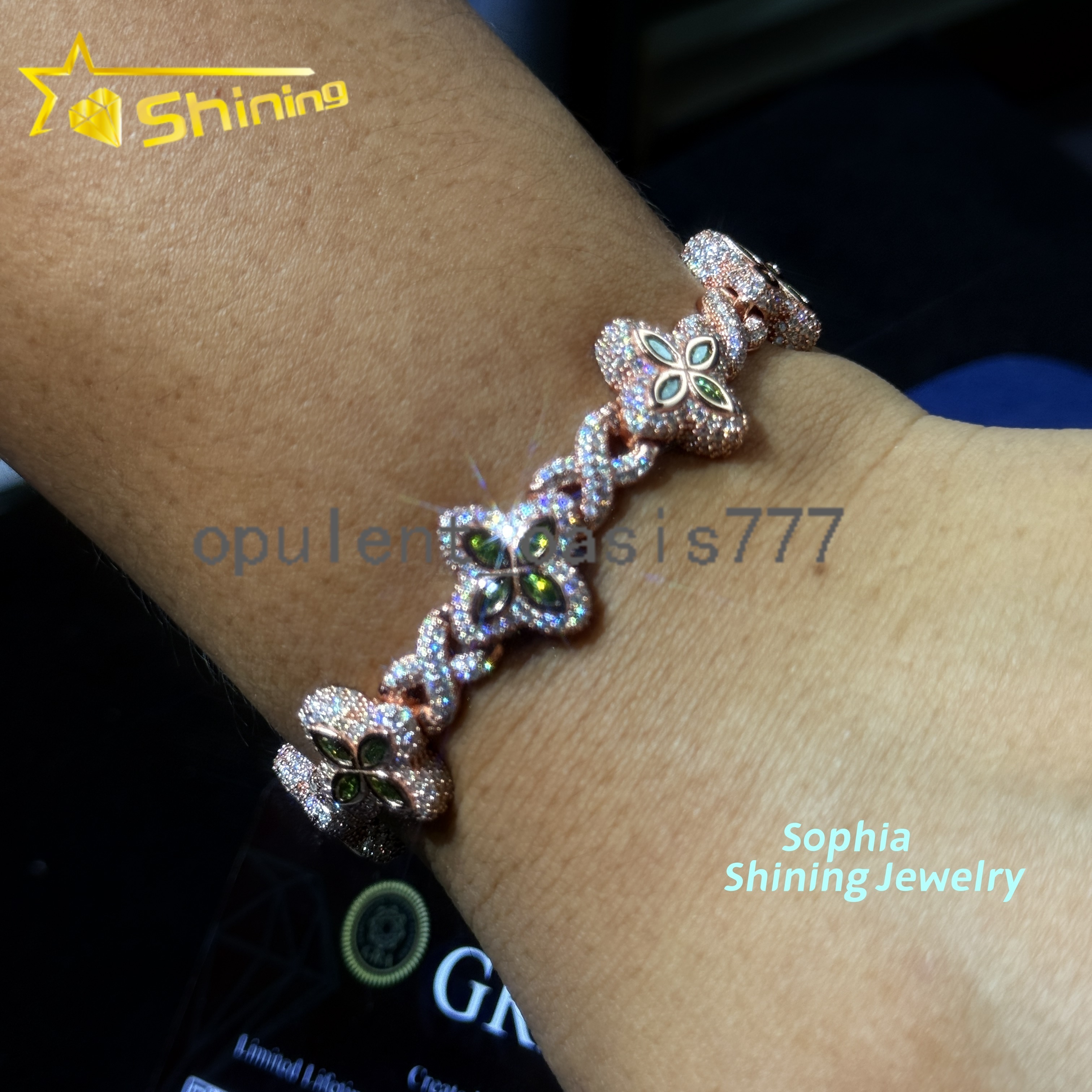 New Arrivals Fashion Jewelry 925 Sterling Silver Vvs Green Color Moissanite Diamond Four Leaf Clover Cuban Link Tennis Bracelet