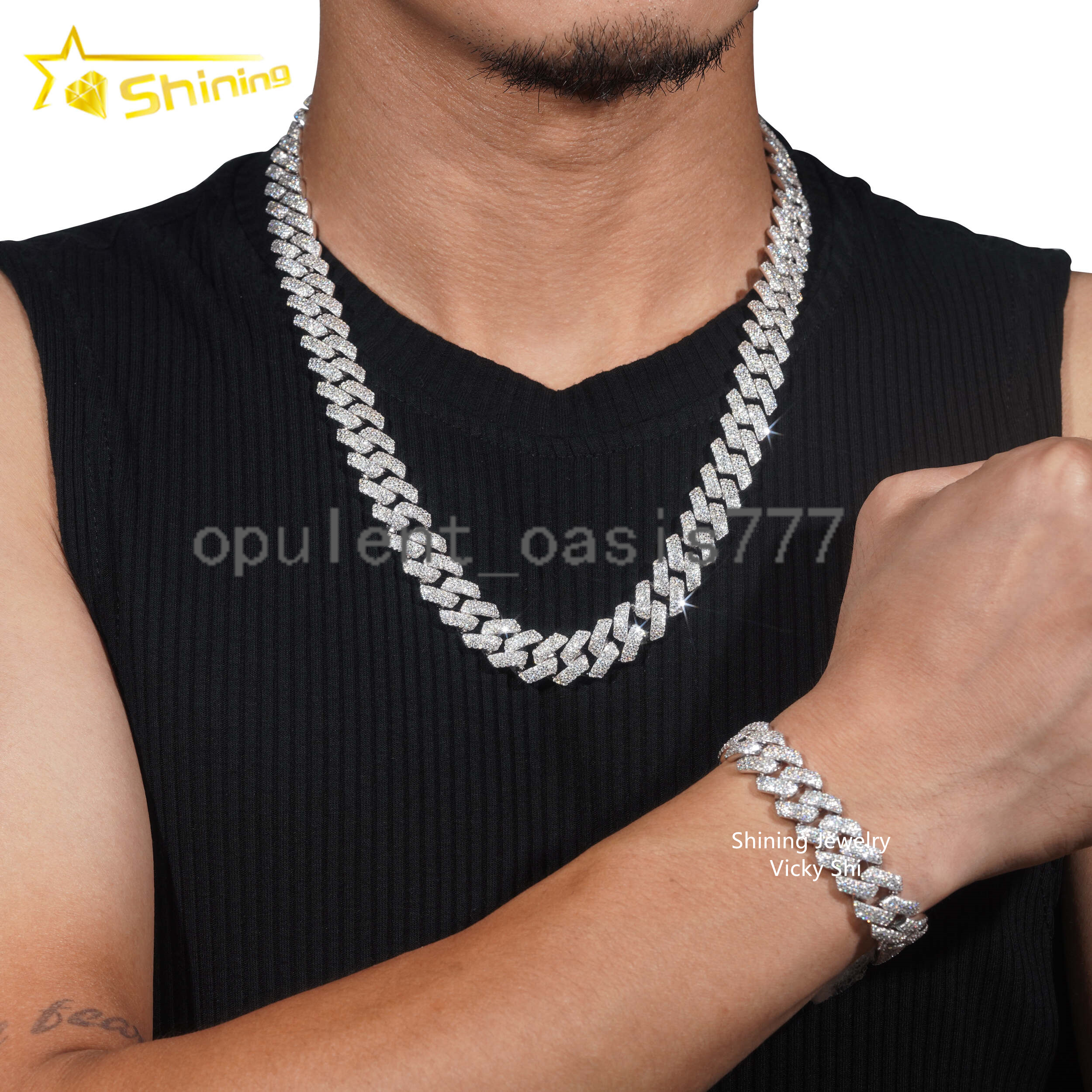 Hip Hop Jewelry Iced Out Cuban Link Chain 925 Sterling Silver 14MM 3 Rows VVS Moissanite Diamond Cuban Link Bracelet Necklace