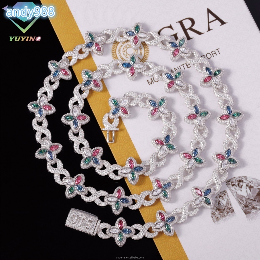 Fashion Hip Hop Jewelry Gold Plated 925 Sterling Silver Colored Moissanite Diamond Four Leaf Clover Necklace Cuban Link Chain