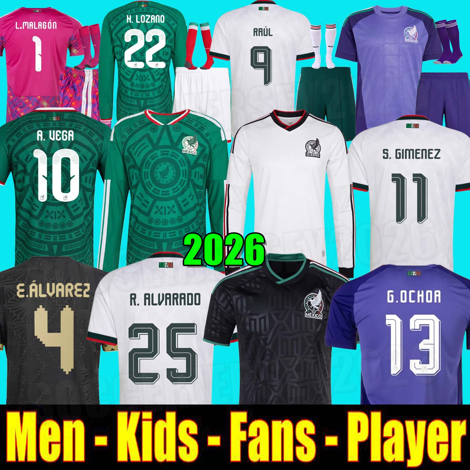 Mexico 2026 World Cup RAUL CHICHARITO Soccer Jerseys LOZANO 26 27 H.LOZANO Men Kids Football Shirts Uniforms Fans Player Version GIMENEZ 2025 long sleeves kit