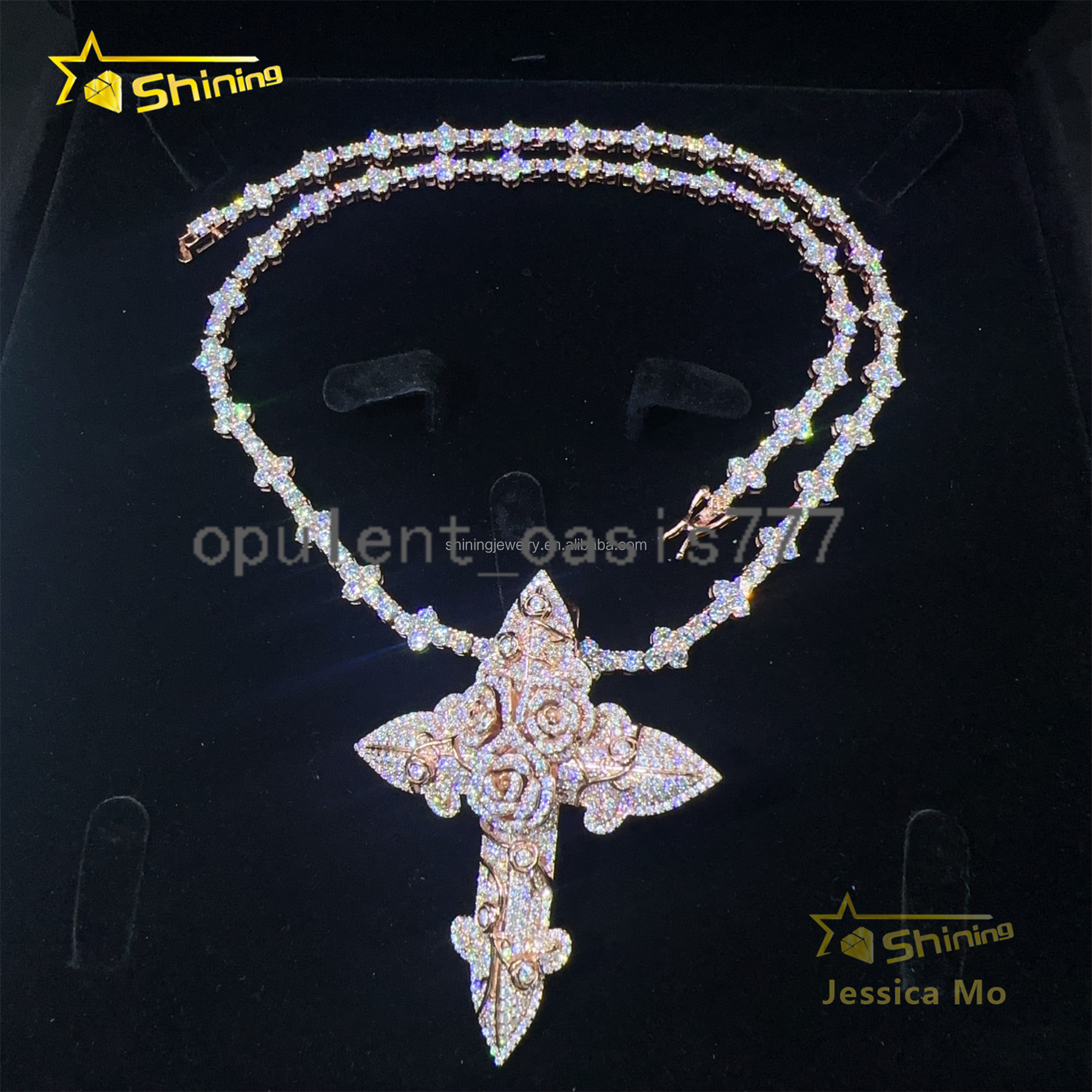 Bulk Stock Hip Hop Stylish Rapper Jewelry D VVS1 Moissanite Diamond S925 Silver Rose Gold Iced Out Man Rose Flower Cross Pendant