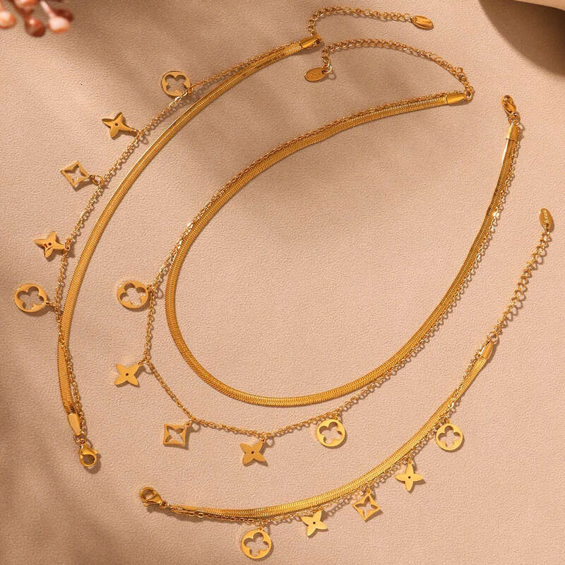 Women's Designer Necklace & Bracelet Set: Double-sided Hollow Flower Four-leaf Clover Pendant Double-layered Collarbone Chain Anklet, Daily Vinta