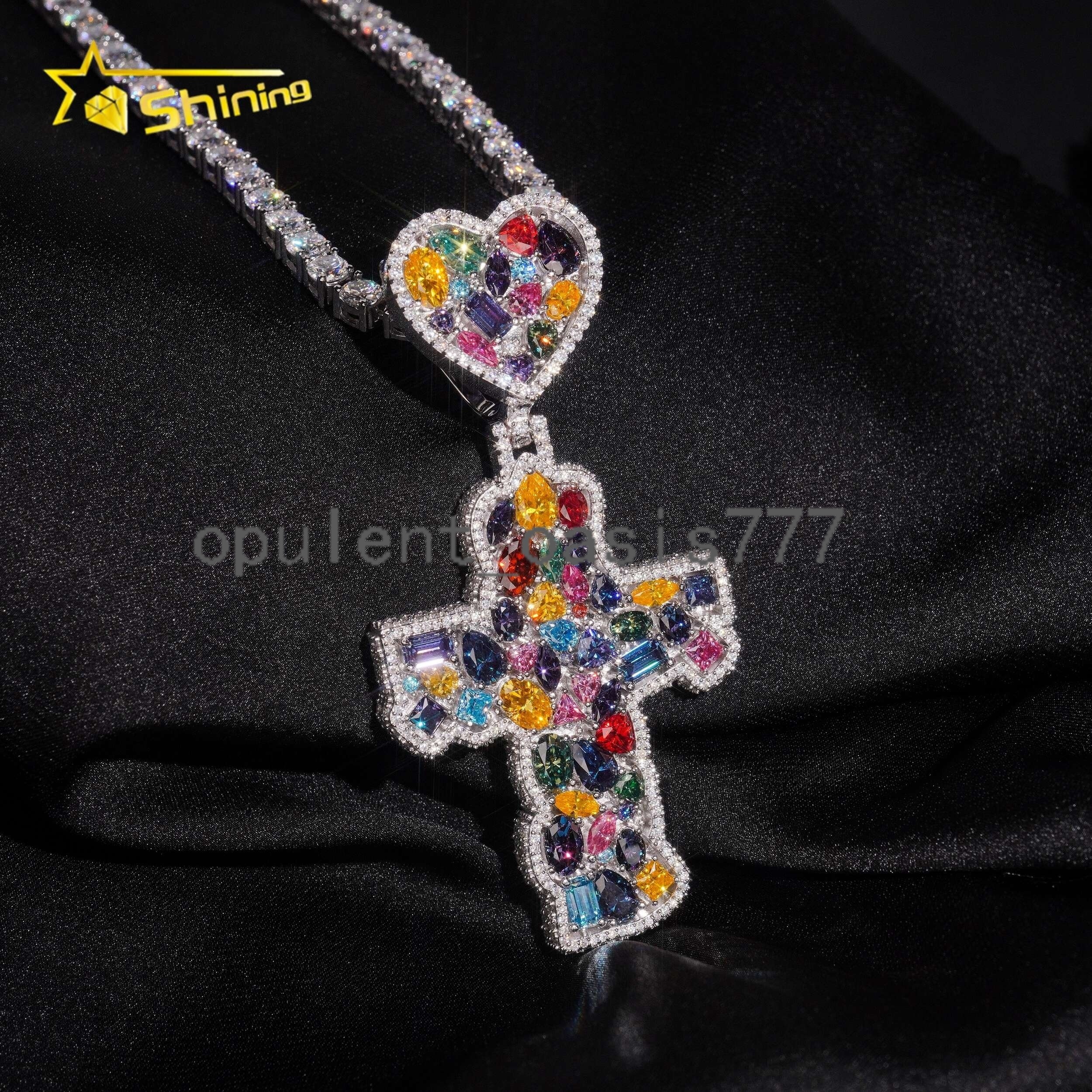 Hip Hop Jewelry Iced Out 925 Silver Rose Gold Top Quality Multi-color Moissanite Diamond Cross Pendant