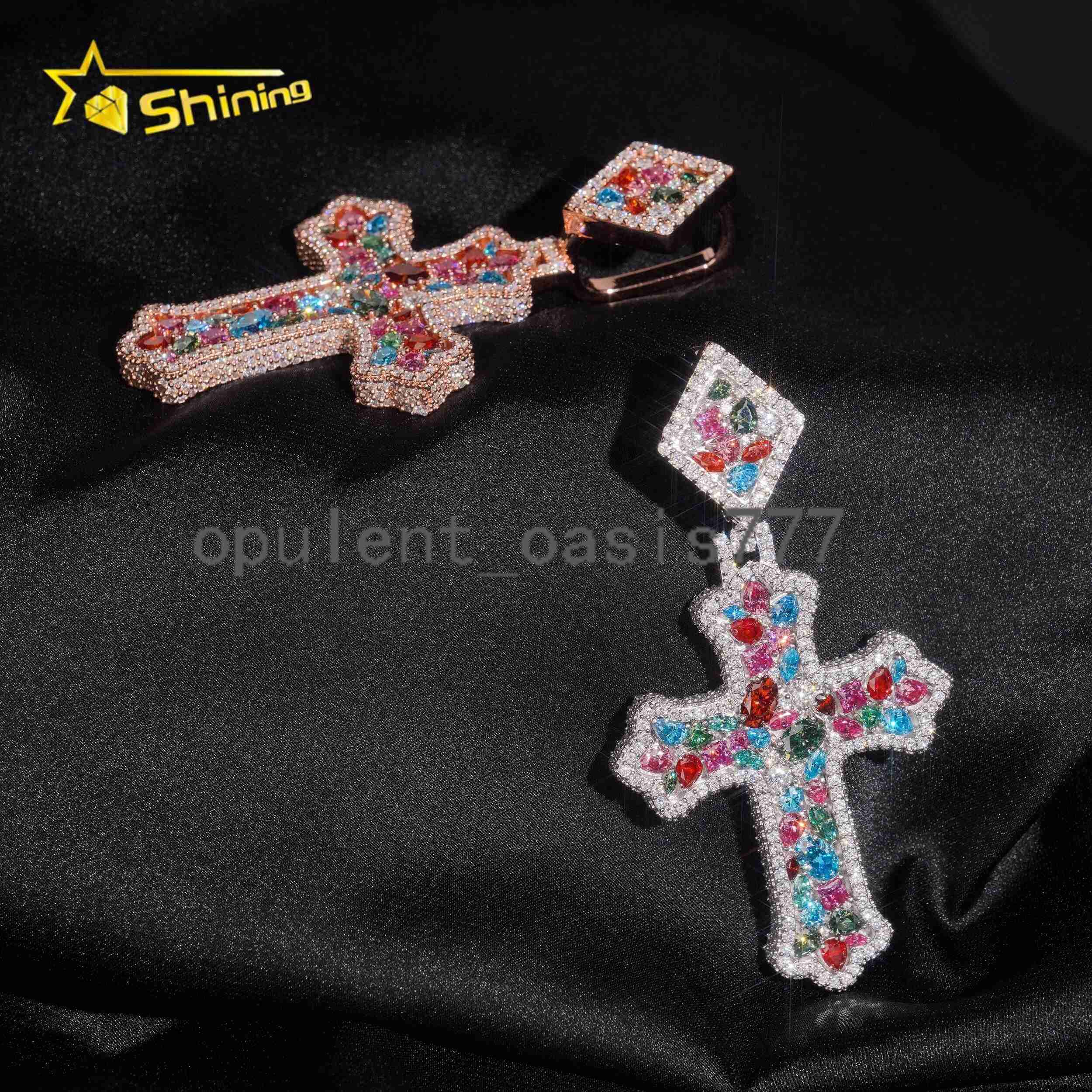Hot Selling Hip Hop Style 925 Sterling Silver High Quality Iced Out Cross Colorful Moissanite Pendants