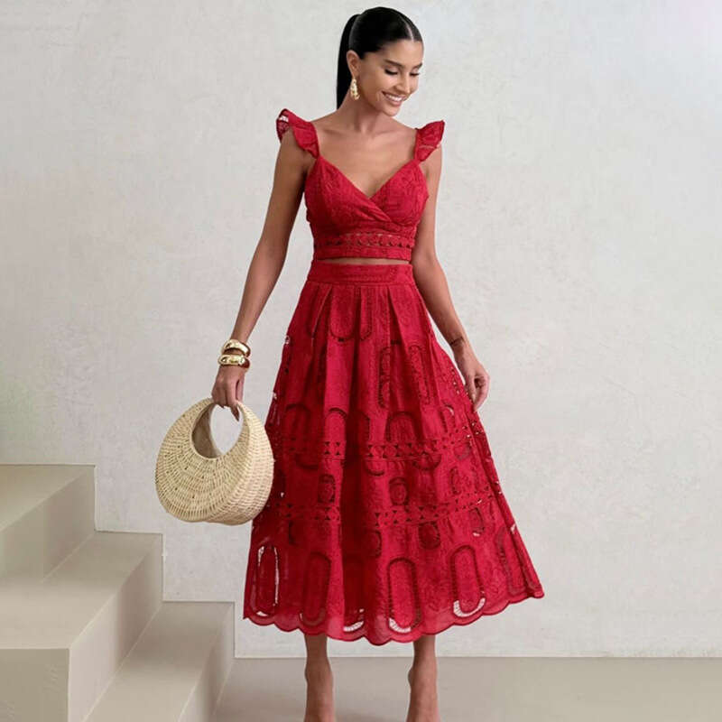 Beach vacation FC fashion casual wear 2026 new designer V-neck flowing sleeve short top+high waist k30 slim umbrella skirt
