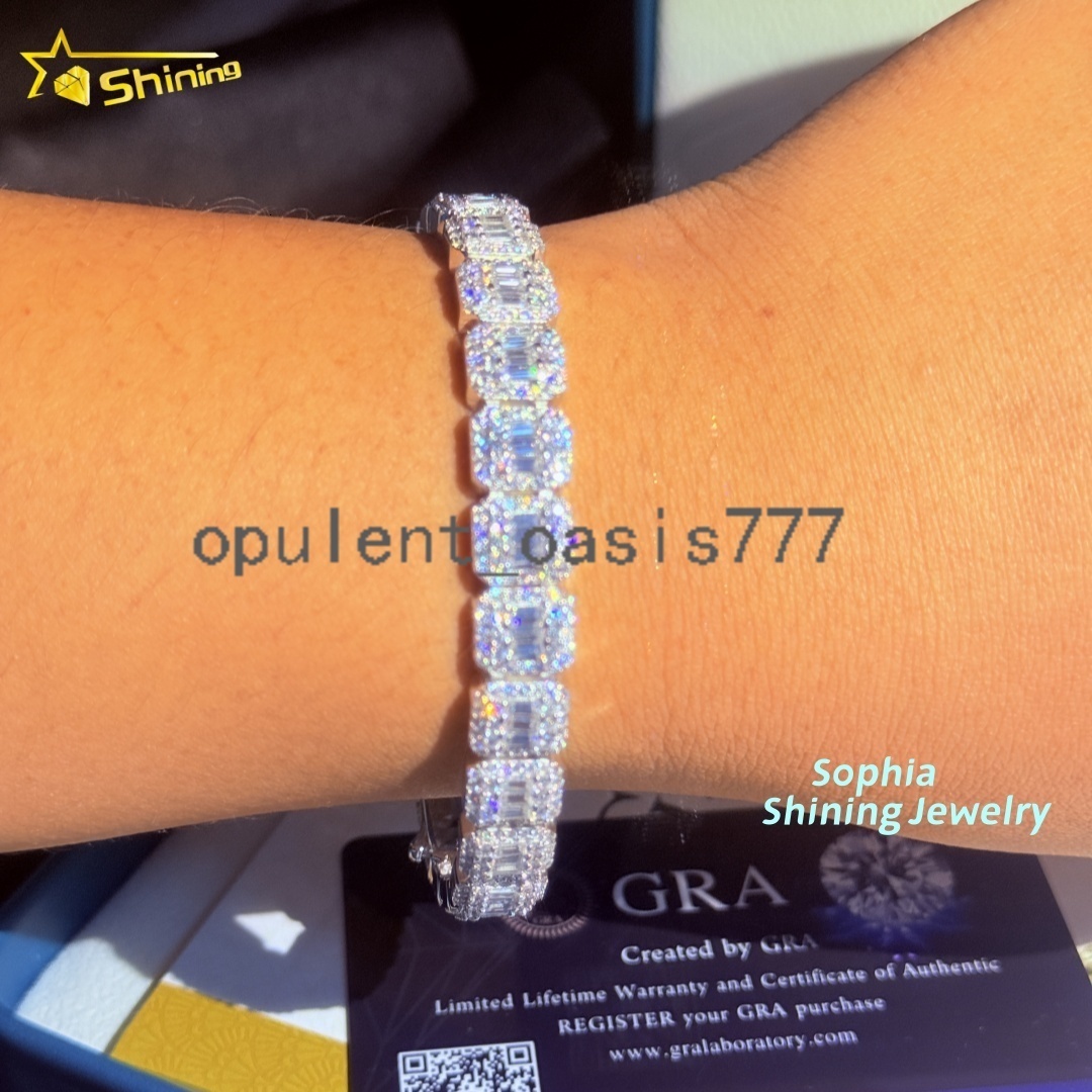 Unique Design 10mm Chain Iced Out baguette 925 Sterling Silver Hip Hop VVS Moissanite Cluster Tennis Cuban Link Chain Bracelet