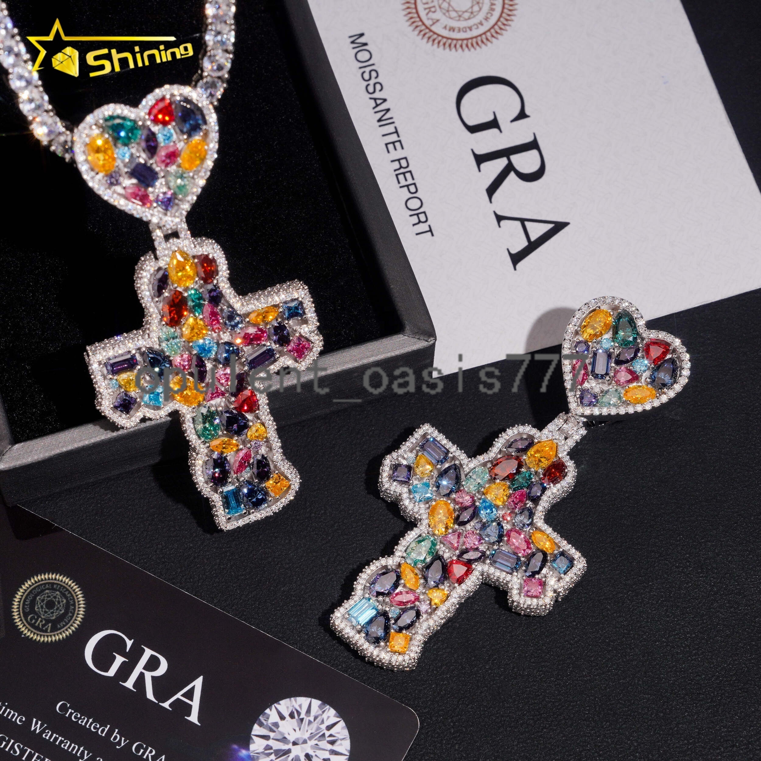 Hip Hop Jewelry Iced Out 925 Silver Rose Gold Top Quality Multi-color Moissanite Diamond Cross Pendant