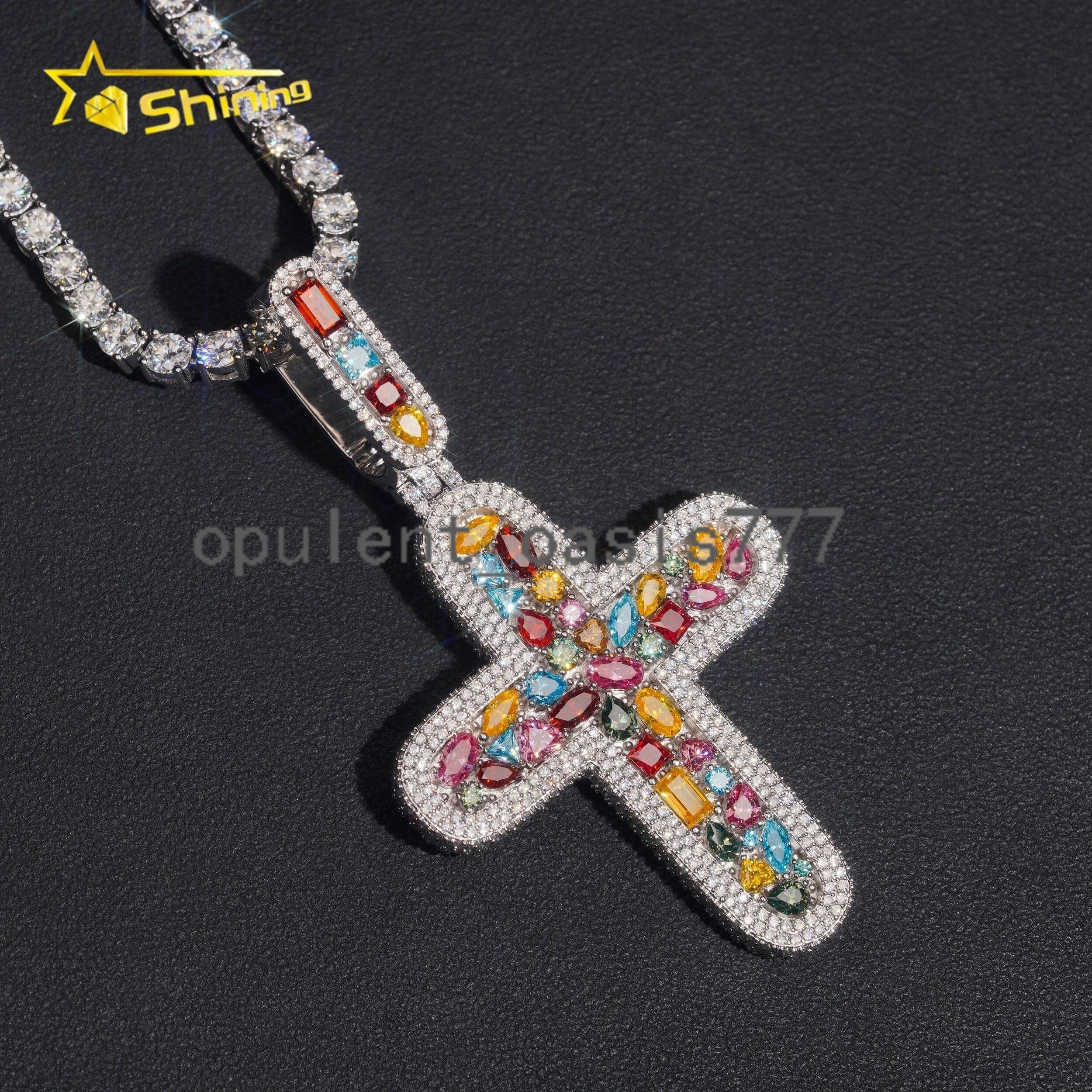 Fine Jewelry Hip Hop Jewelry Iced Out Mens Colorful 925 Sterling Silver Cross Moissanite Pendant
