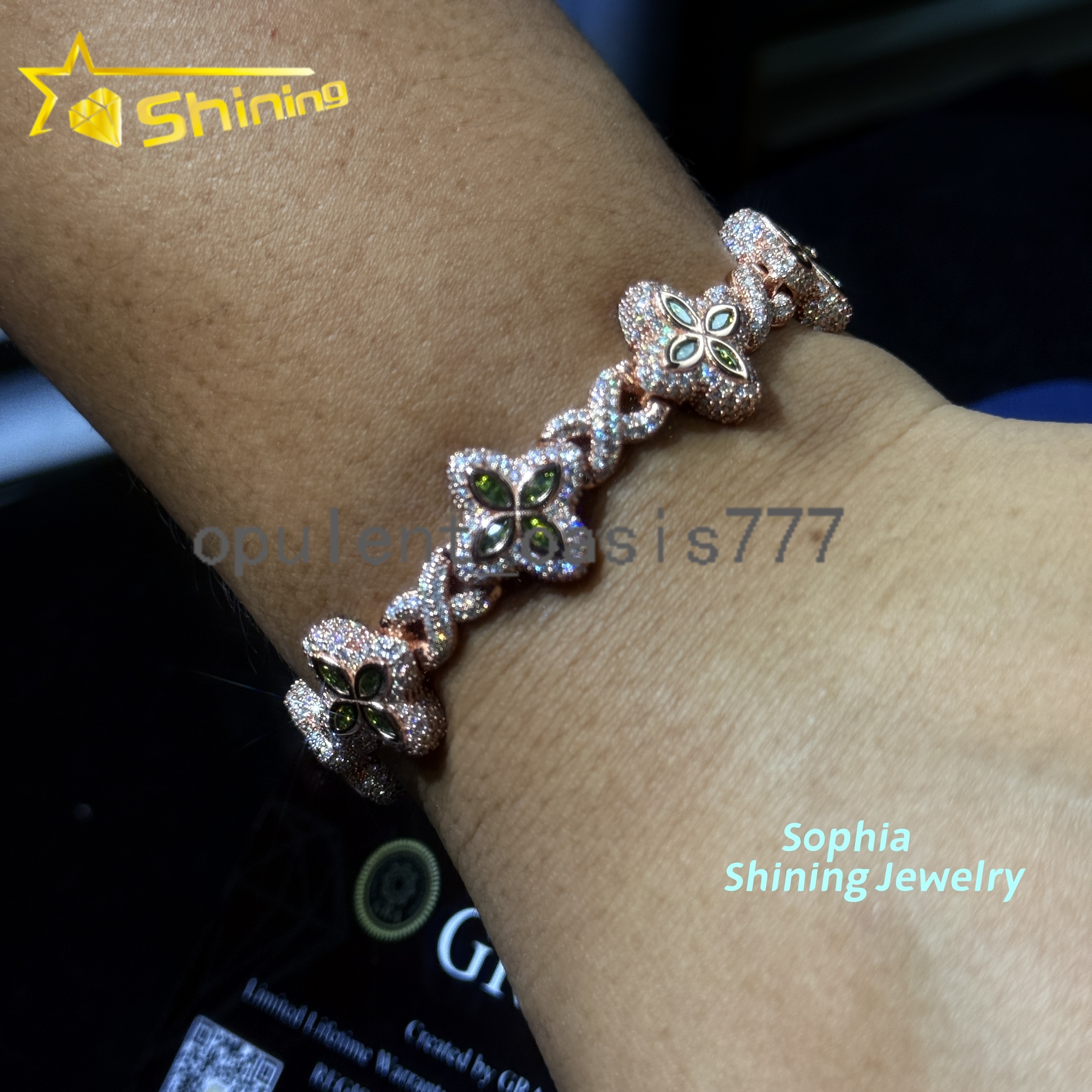 New Arrivals Fashion Jewelry 925 Sterling Silver Vvs Green Color Moissanite Diamond Four Leaf Clover Cuban Link Tennis Bracelet