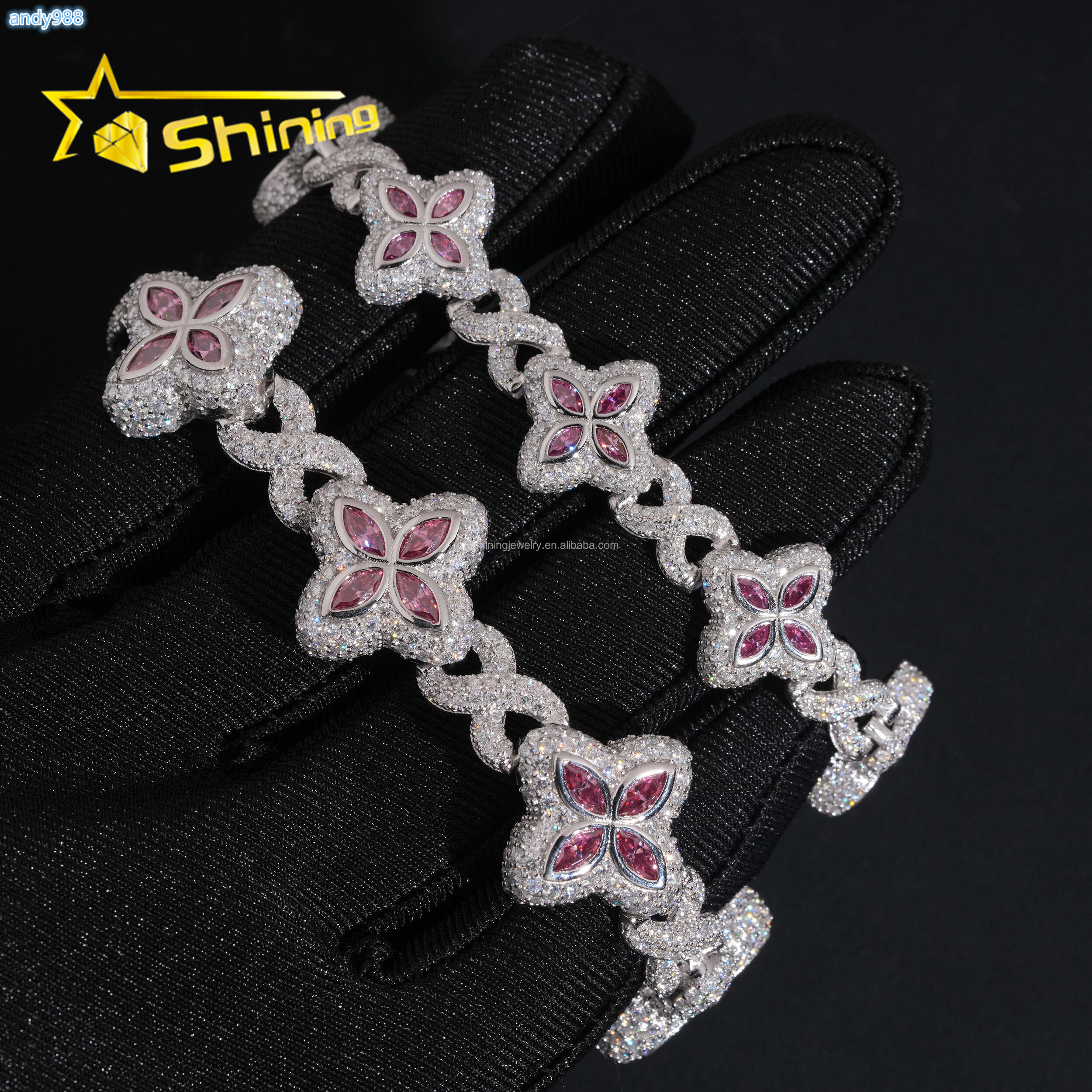 Unique Design Marquise Design Rapper Luxury Jewelry Hip Hop Pink Color Moissanite Iced Out S925 Silver Cuban Clover Bracelet