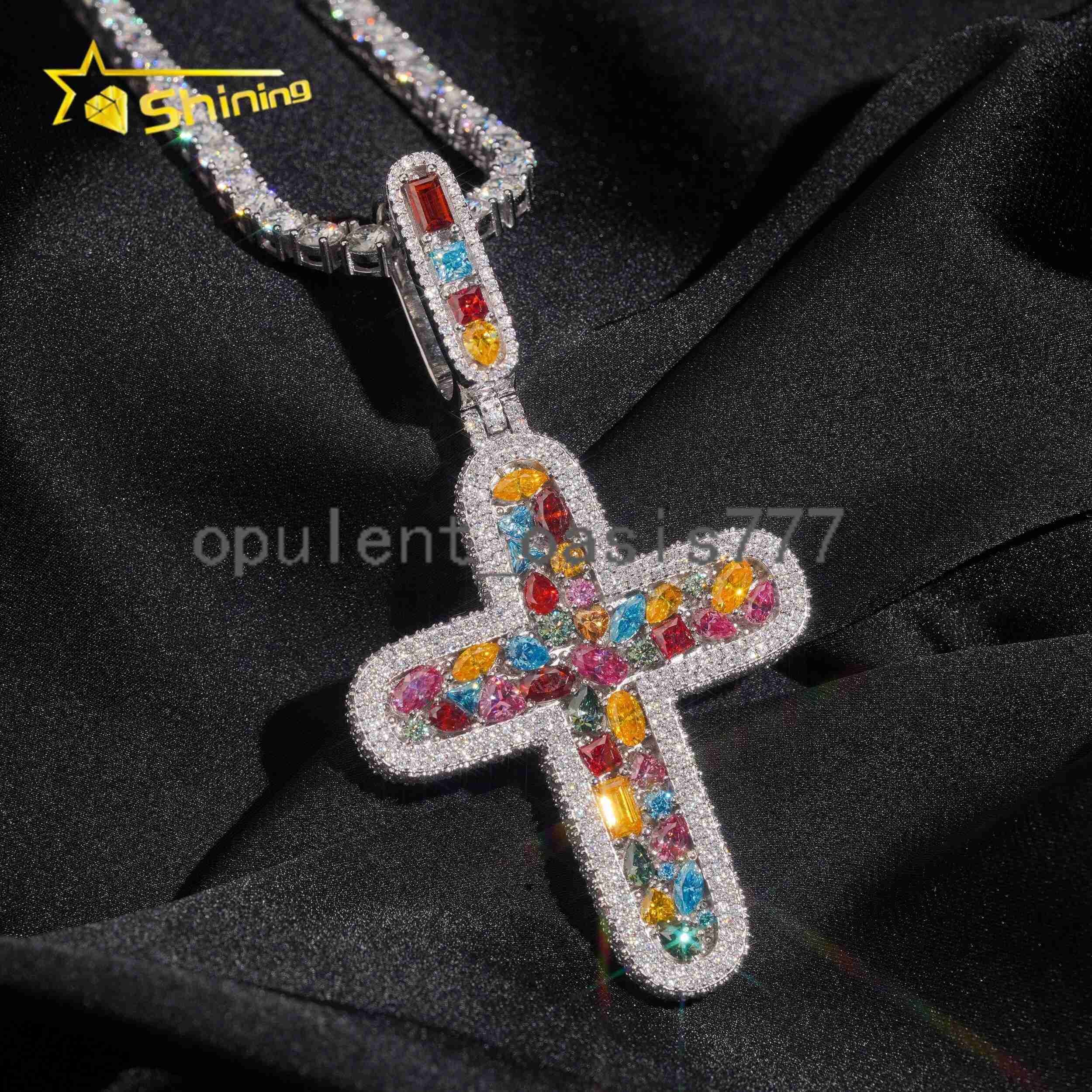 Fine Jewelry Hip Hop Jewelry Iced Out Mens Colorful 925 Sterling Silver Cross Moissanite Pendant