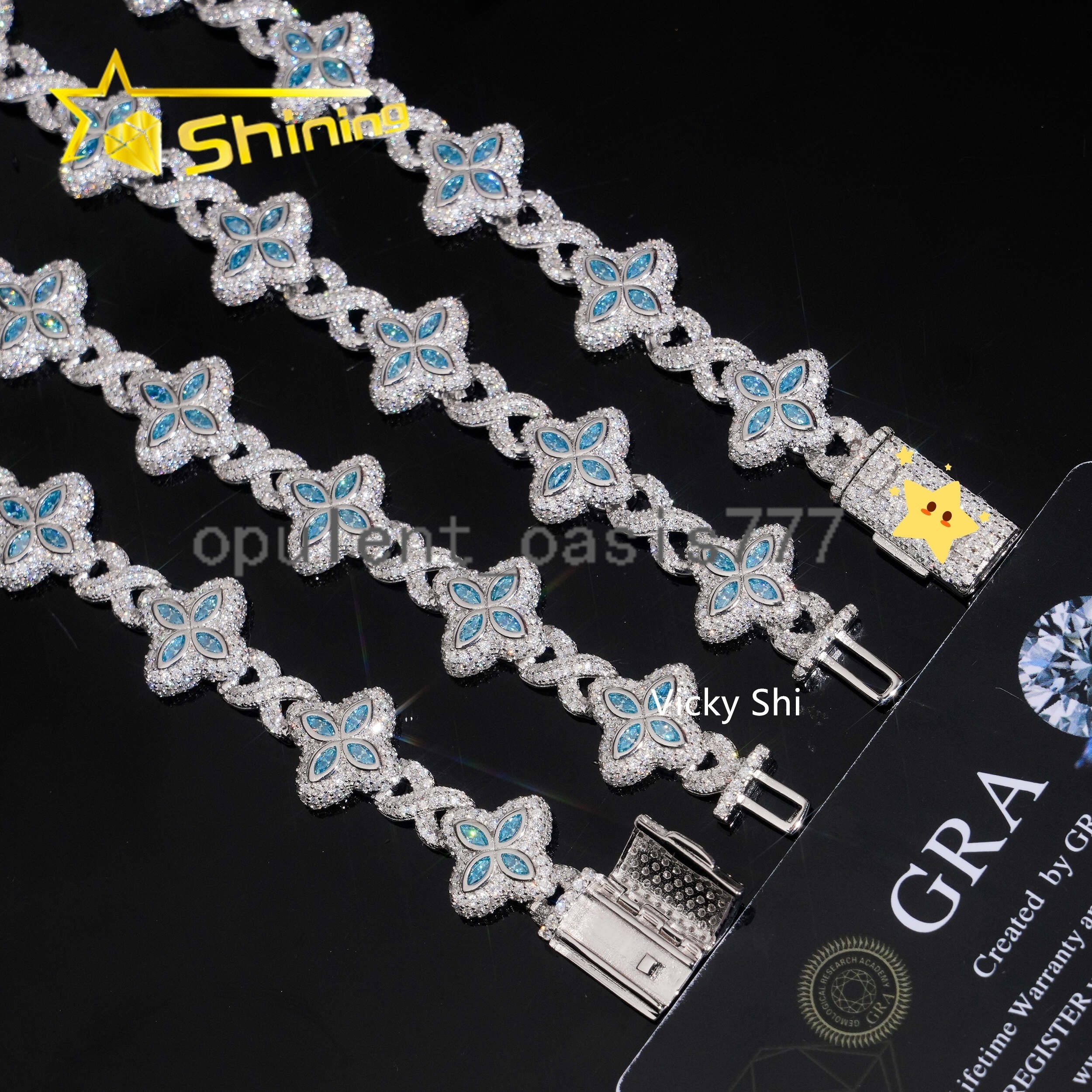 Popular Blue Color Clover Cuban Chain Moissanite Fine Jewelry Custom Iced Out 925 Silver Men Cuban Link Moissanite Necklace