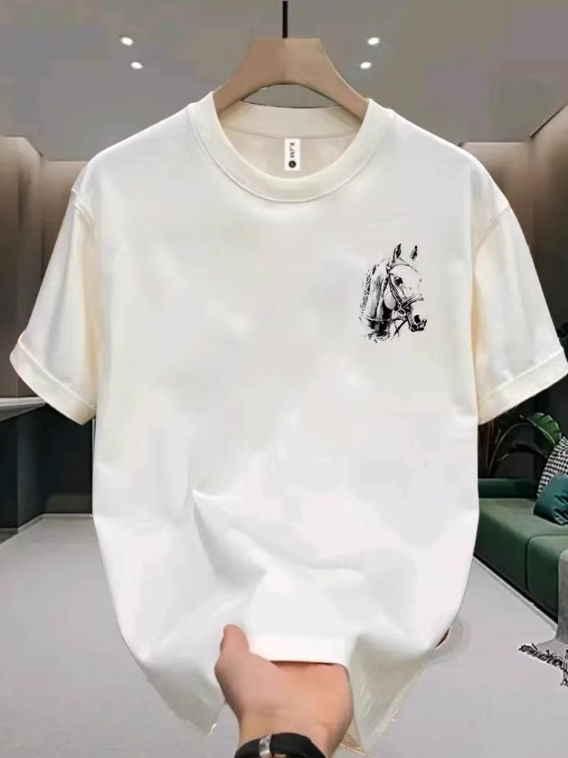 American Style Cool Heavyweight Cotton Short Sleeve T-Shirt 2026, Sketch Horse Design, Loose Versatile Trendy Tee for Teen Boys & Girls