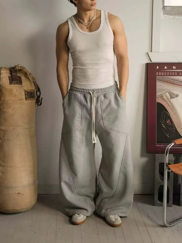 HOUZHOU Grey Vintage Y2k Women Sweatpants Harajuku Oversized Wide Leg American Style Man Pants Baggy Streetwear Hip Hop Trousers 260326