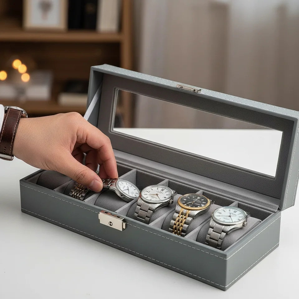 6-Slot Watch Box with Lock Built-in Mirror - Gray Faux Leather Watch Organizer with Soft Protective Lining 260327