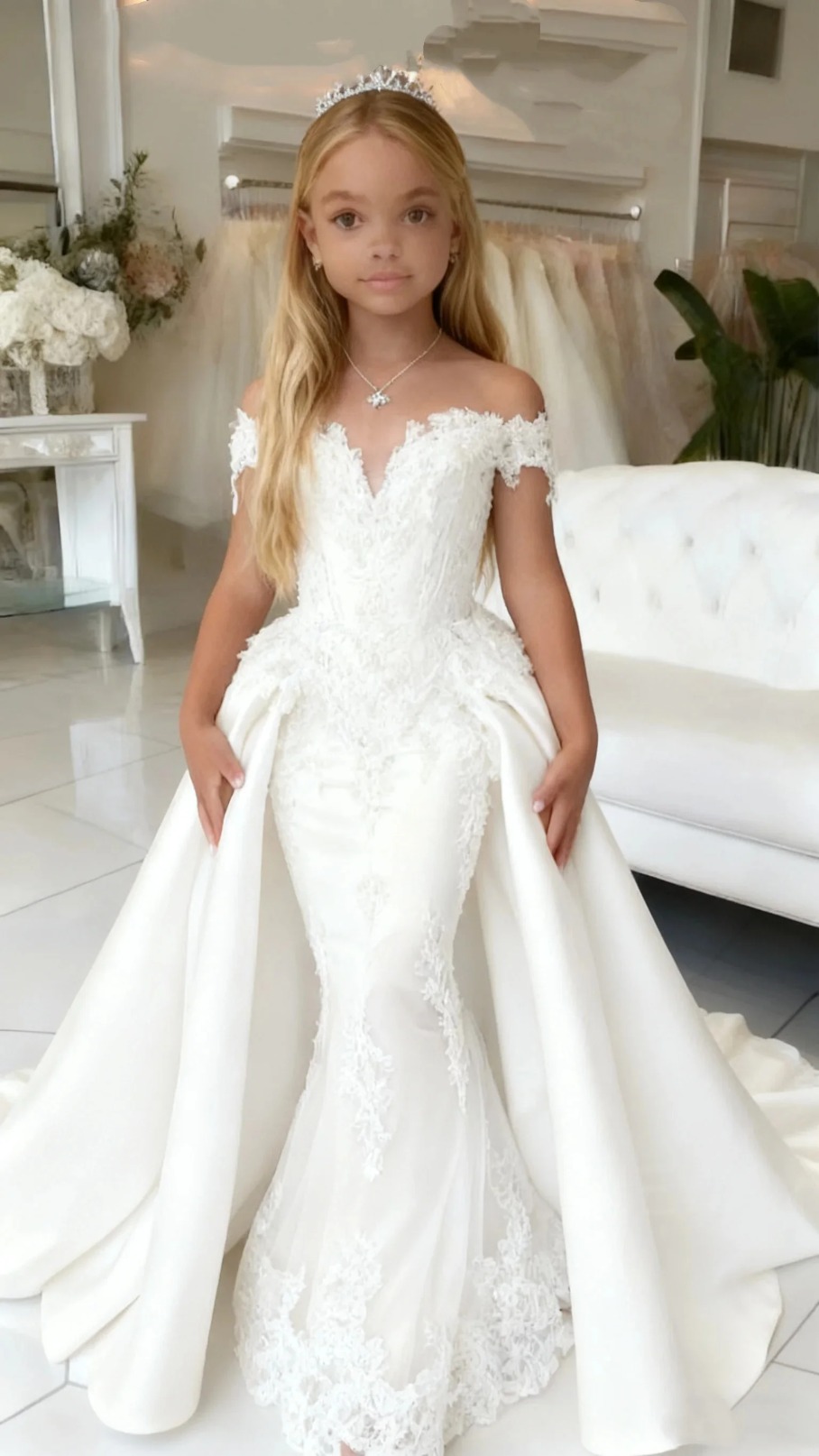 Elegant Satin Customized Flower Girl Lace Applique Mermaid Princess Skirts Pageant Dress High Low First Communion Gowns M30 ZD19