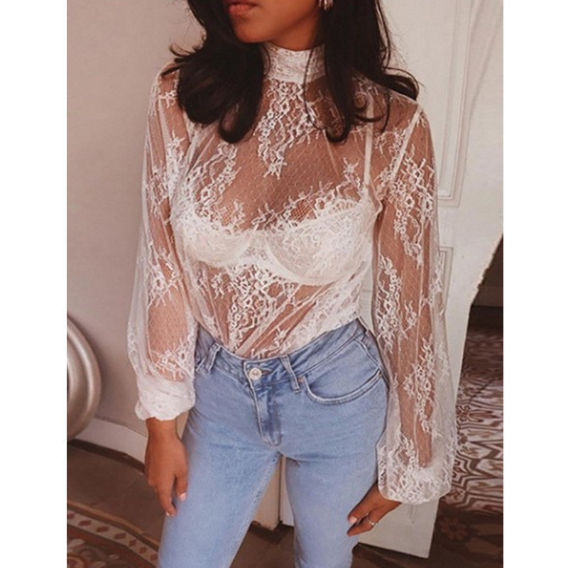 Summer Women White Lace Shirt Long Sleeve See Through Transparent Blouse Sexy Tops 210415