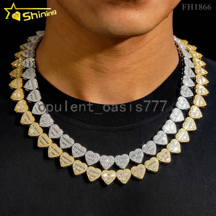 Shining Fine Jewelry 925 Silver Heart Shape Moissanite Cuban Chain Custom Hip Hop Mossanite Cuban Link Chain