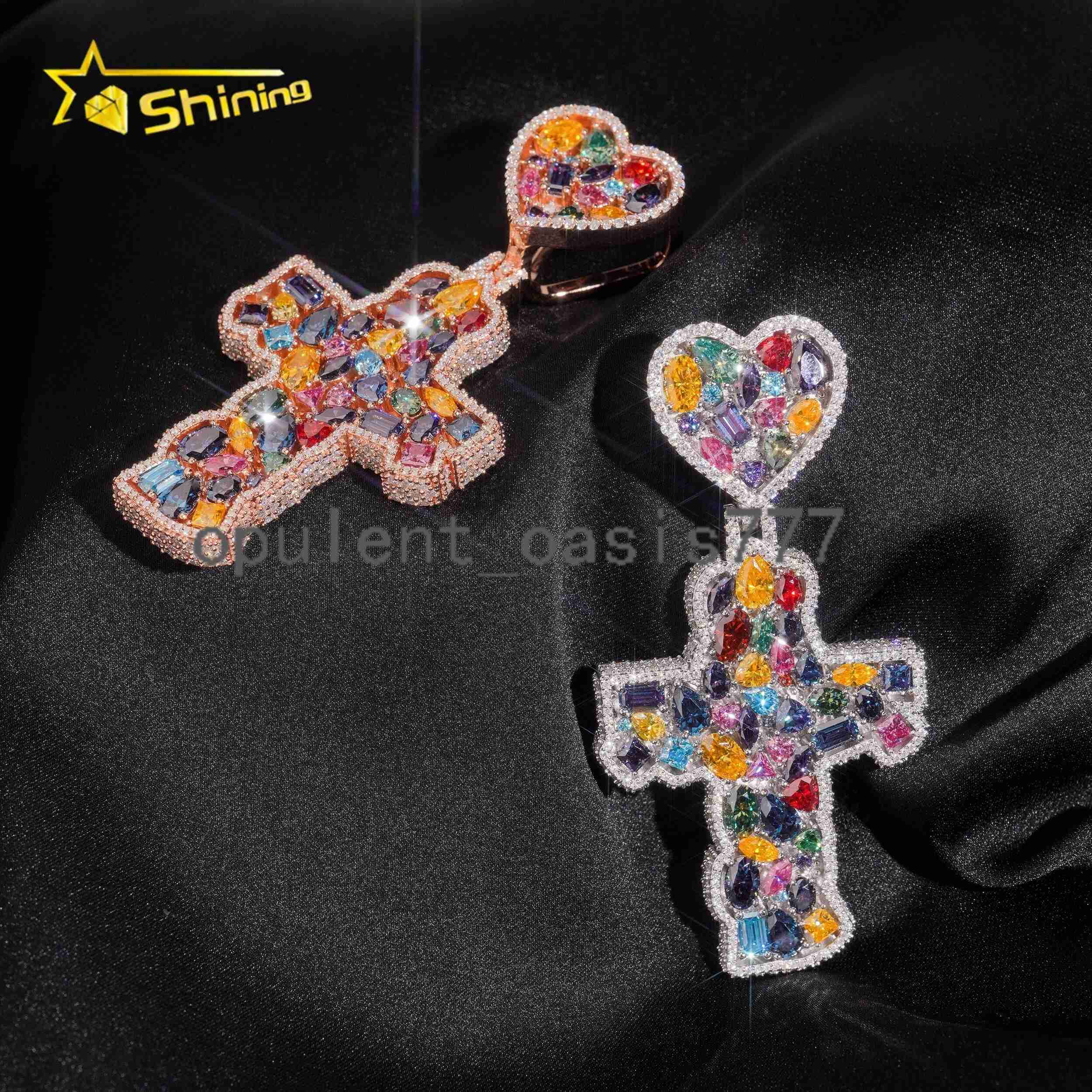 Hip Hop Jewelry Iced Out 925 Silver Rose Gold Top Quality Multi-color Moissanite Diamond Cross Pendant