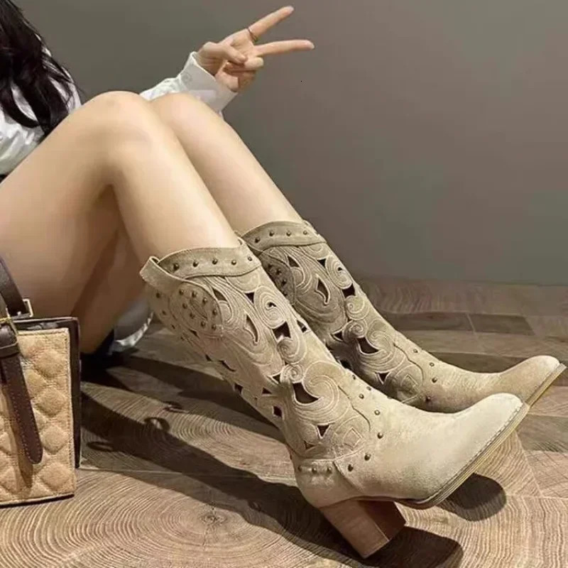 Women Mid-Calf Western Boots Heels Embroidery Hollow Cowboy Boots for Women Autumn Winter Fashion PU Leather Botas Mujer 260327