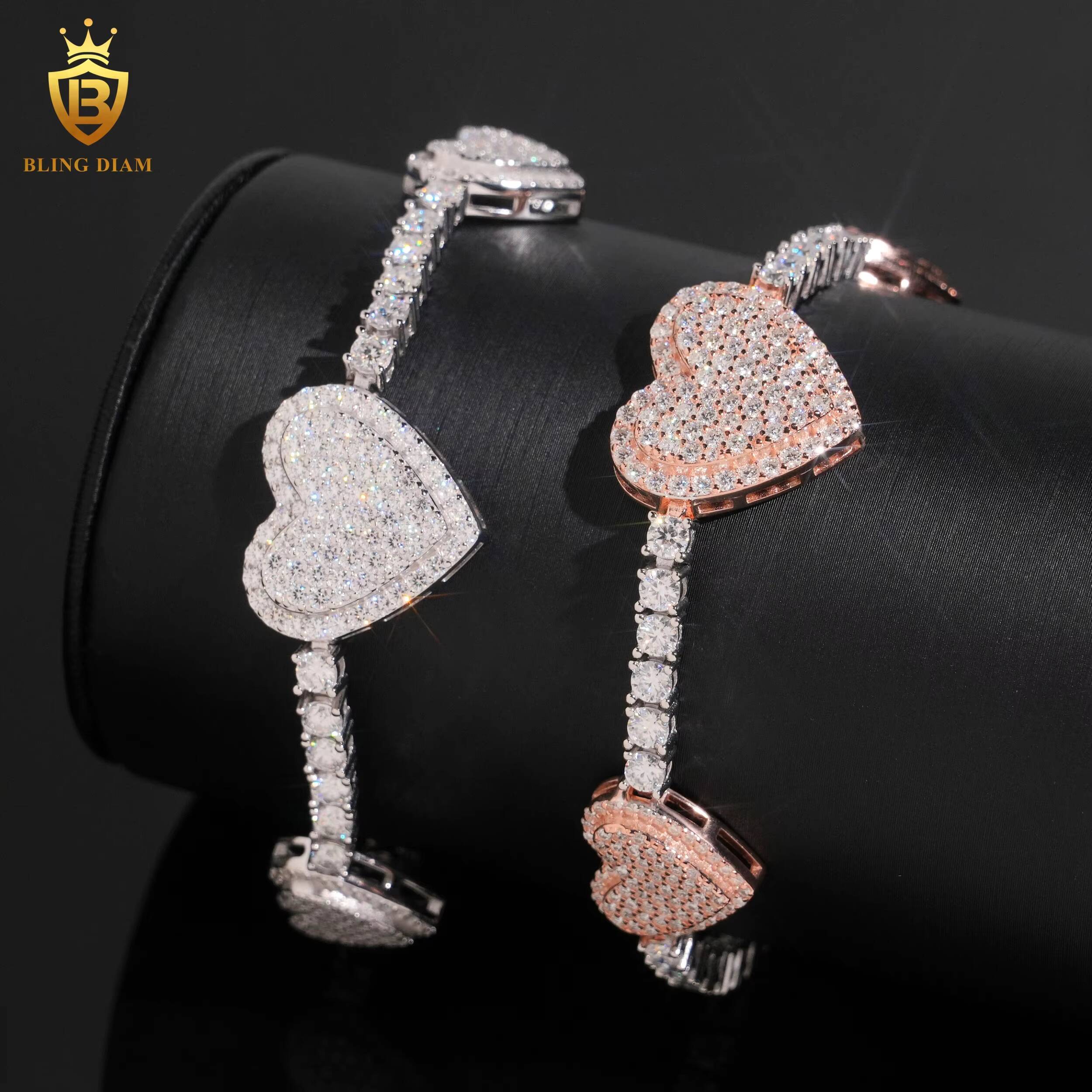 925 Sterling Silver Womens Bracelet Two Tones Heart Rhodium Plated GRA Certified Brilliant Cut Moissanite Fine Jewelry Bracelet