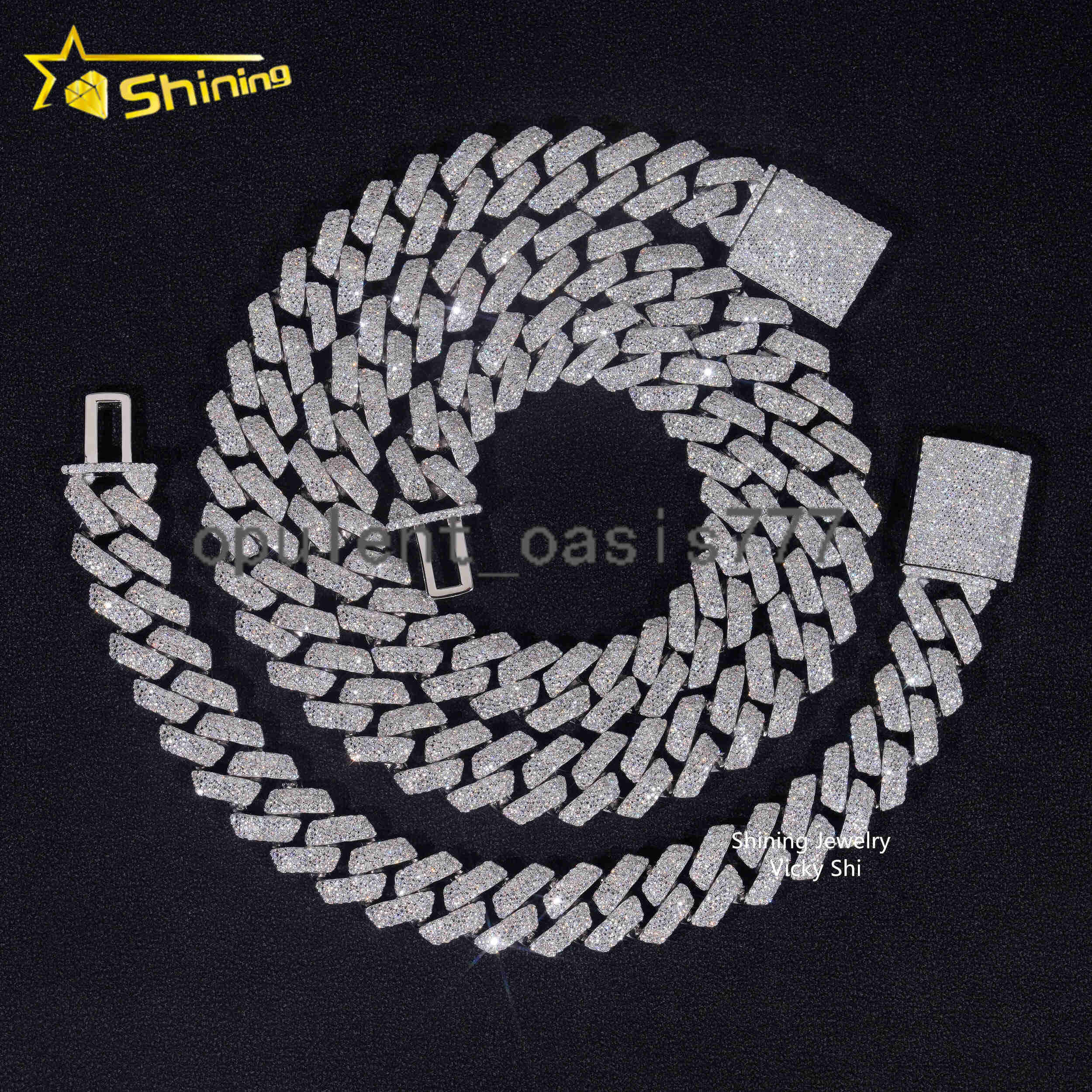 Hip Hop Jewelry Iced Out Cuban Link Chain 925 Sterling Silver 14MM 3 Rows VVS Moissanite Diamond Cuban Link Bracelet Necklace