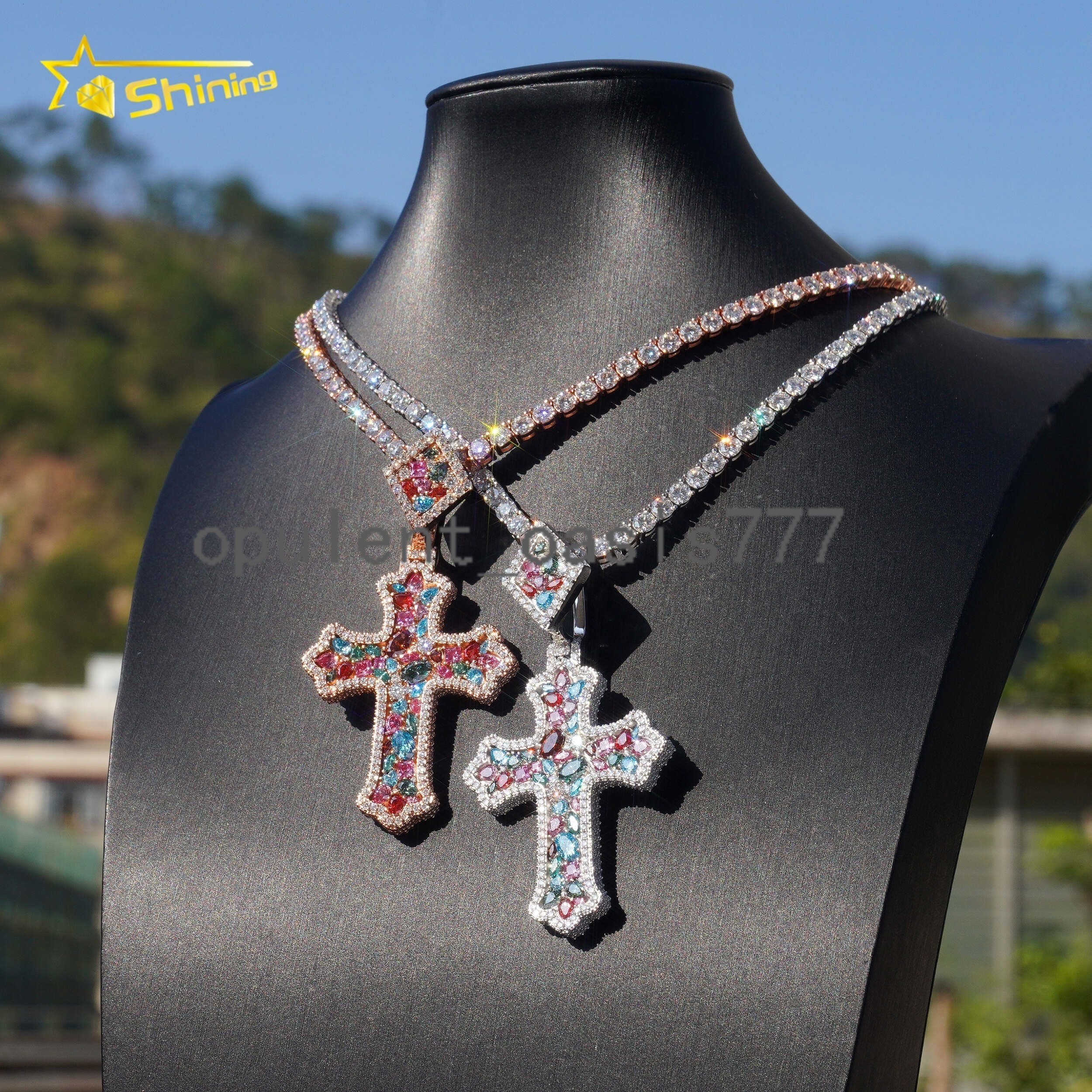 Hot Selling Hip Hop Style 925 Sterling Silver High Quality Iced Out Cross Colorful Moissanite Pendants