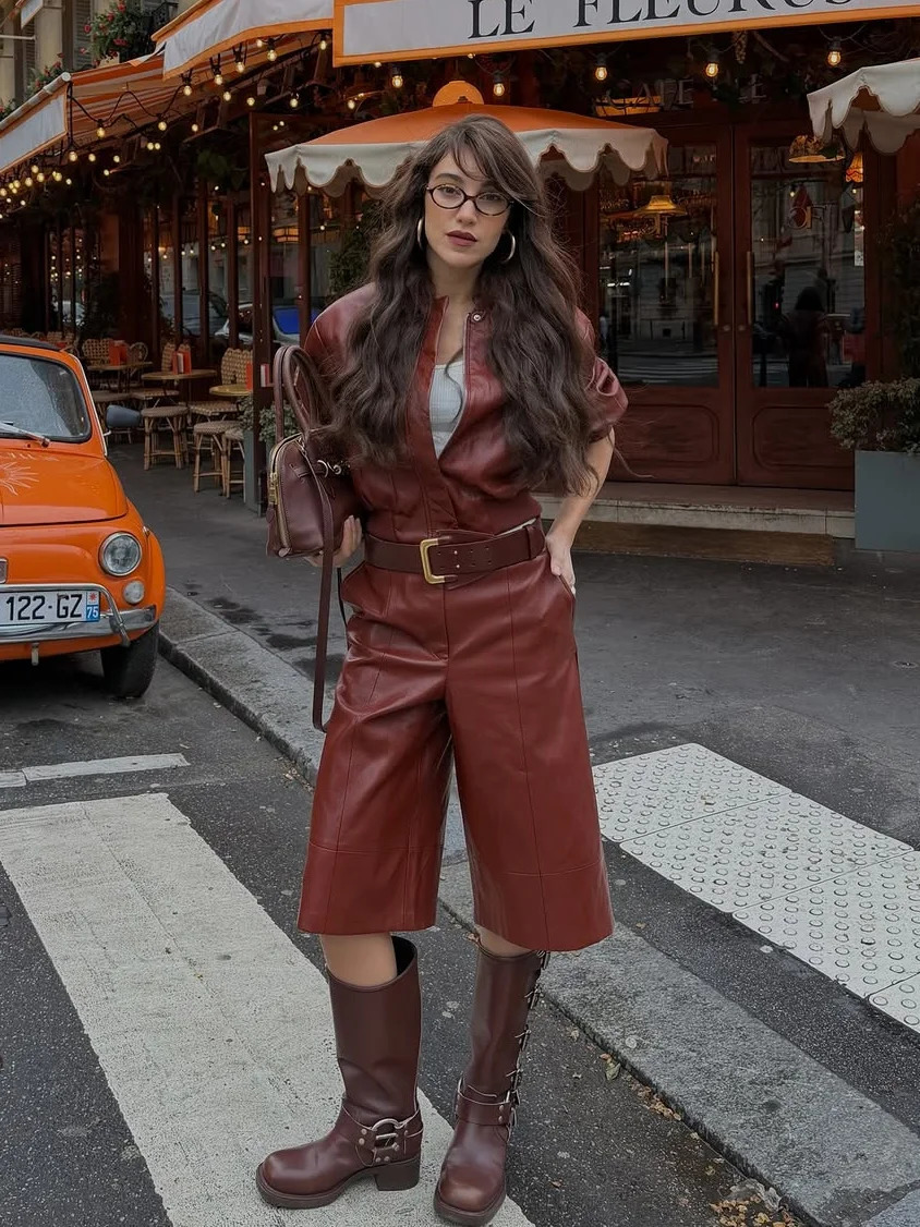 Spring Skirt Set Womens Faux Leather Bomber Jacket Two-Piece Set Padded Shoulder Top Mini SkirtShorts Woman Clothes Streetwear 260327