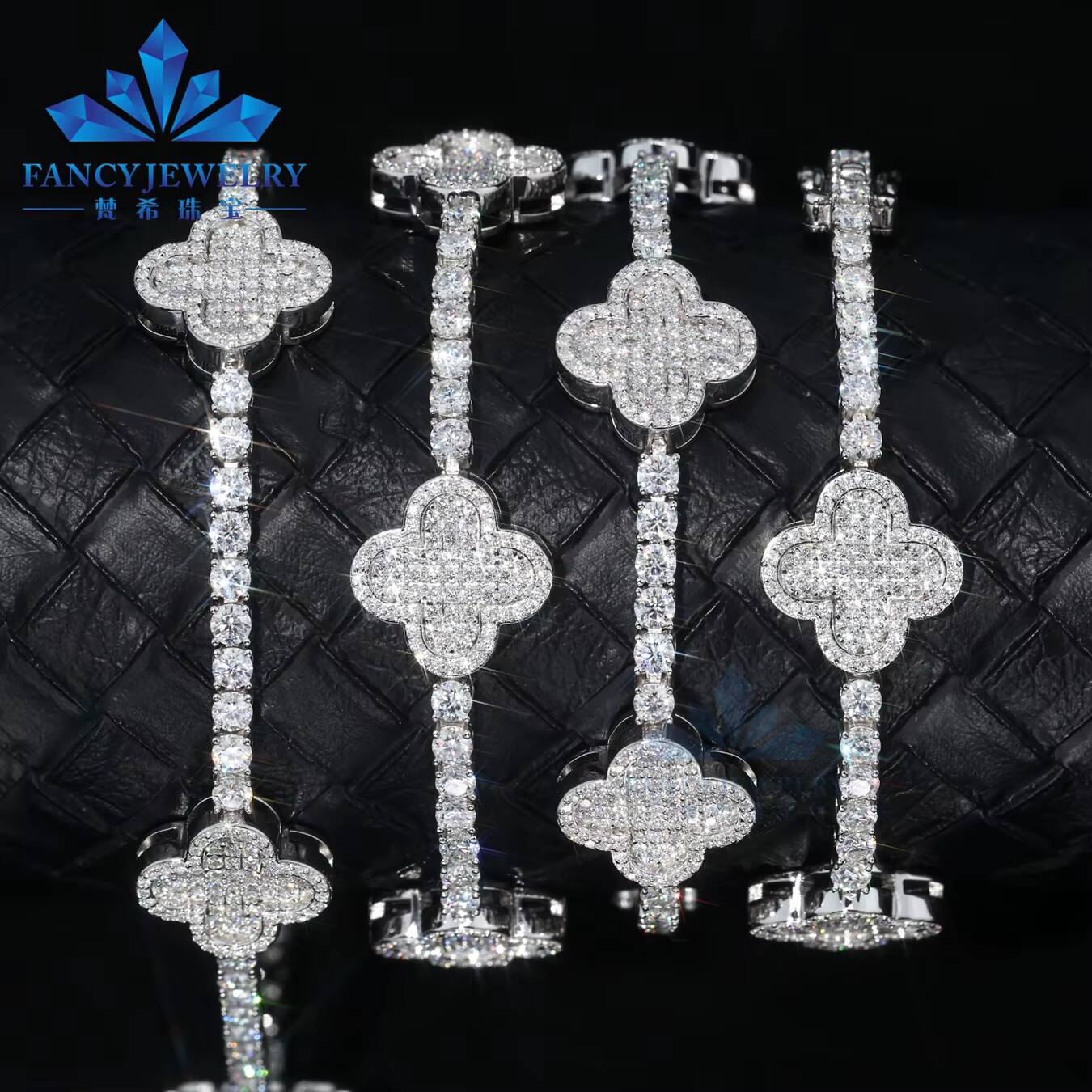 Wholesale 925 Silver Sterling Silver Fine Jewelry Girls Bracelets 15mm Vvs1 Moissanite Tennis Chain Clover Bracelet Charms