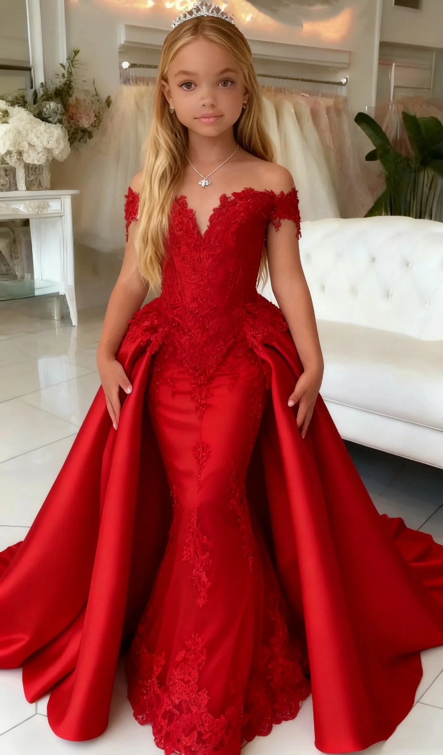 Elegant Satin Customized Flower Girl Lace Applique Mermaid Princess Skirts Pageant Dress High Low First Communion Gowns M30 ZD19