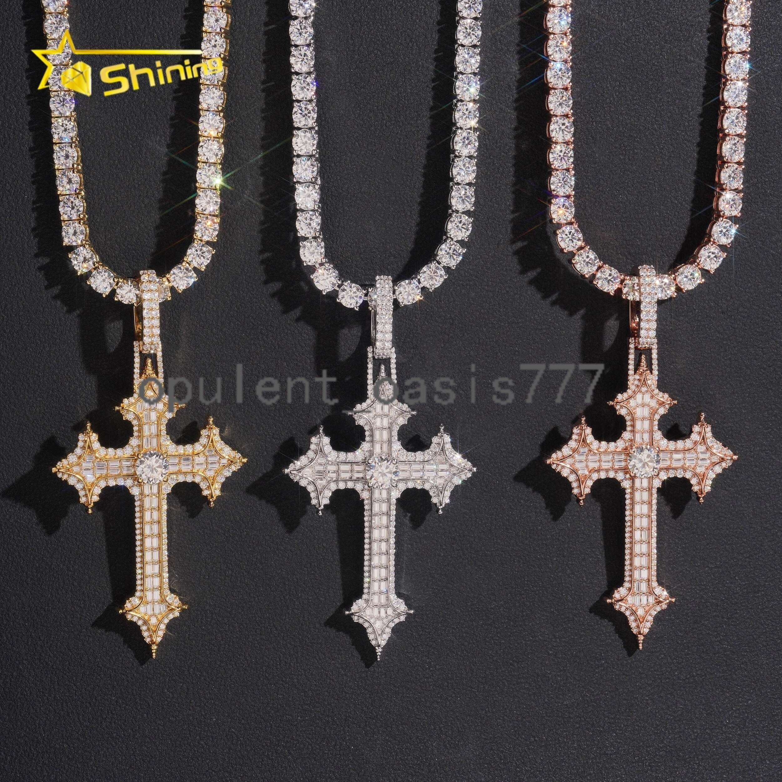 New Style Hip Hop Baguette Iced Out Pass Diamond Tester 925 Silver Cross Moissanite Pendant