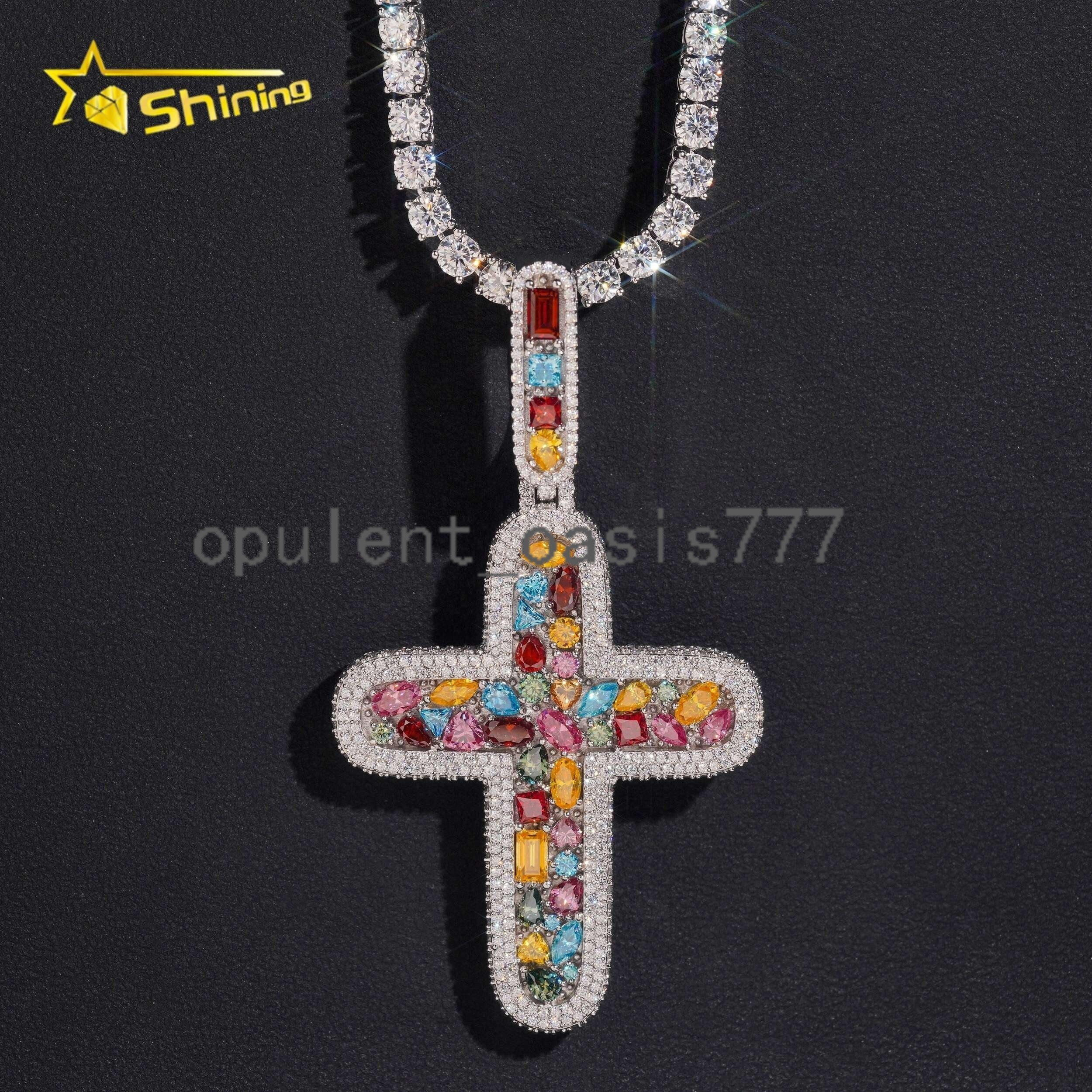Fine Jewelry Hip Hop Jewelry Iced Out Mens Colorful 925 Sterling Silver Cross Moissanite Pendant