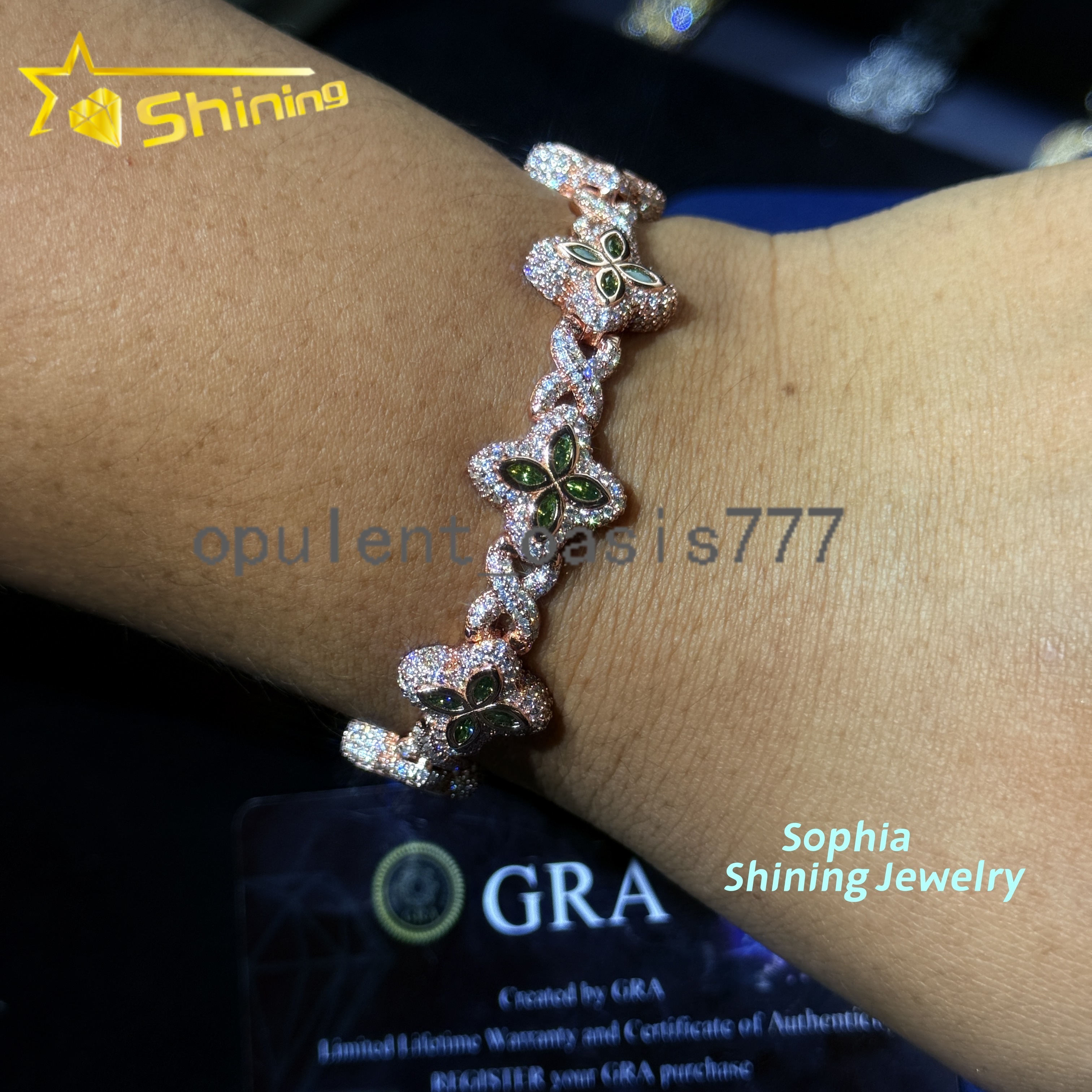 New Arrivals Fashion Jewelry 925 Sterling Silver Vvs Green Color Moissanite Diamond Four Leaf Clover Cuban Link Tennis Bracelet
