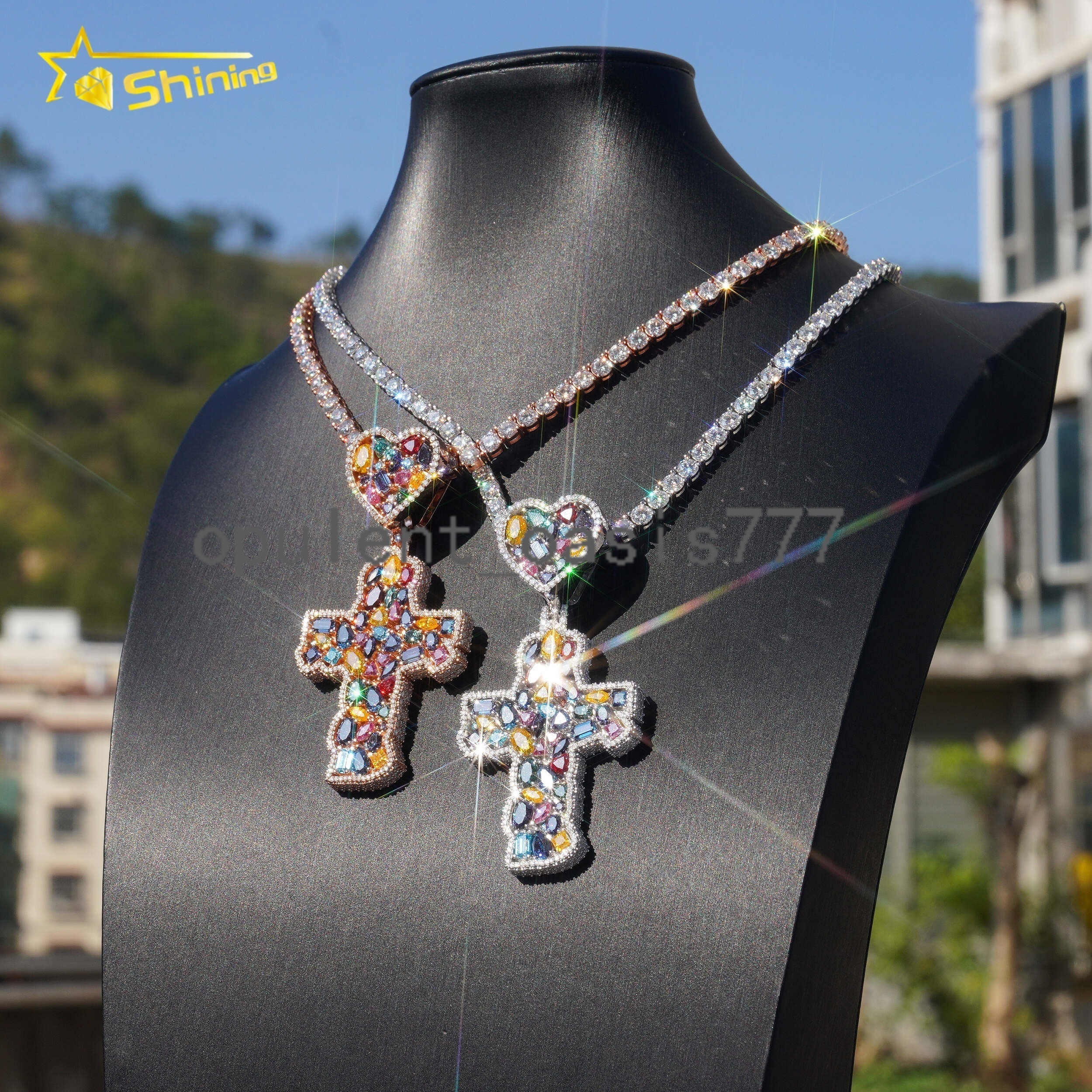 Hip Hop Jewelry Iced Out 925 Silver Rose Gold Top Quality Multi-color Moissanite Diamond Cross Pendant