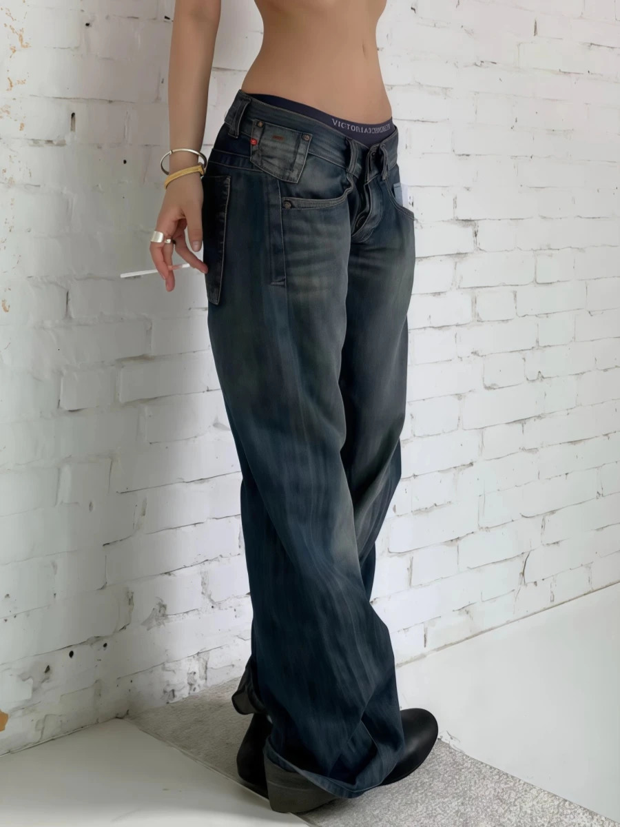 Autumn Winter Womens Low Rise Denim Pants Vintage Simple Y2K Baggy Wide Fit Jeans Harajuku Cowboy Streetwear 2000s Japanes 260327