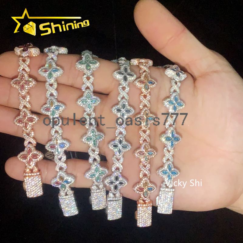 Hot Selling 15MM 925 Sterling Silver Cuban Clover Bracelets Iced Out Hip Hop Infinity Colored Moissanite Cuban Bracelet