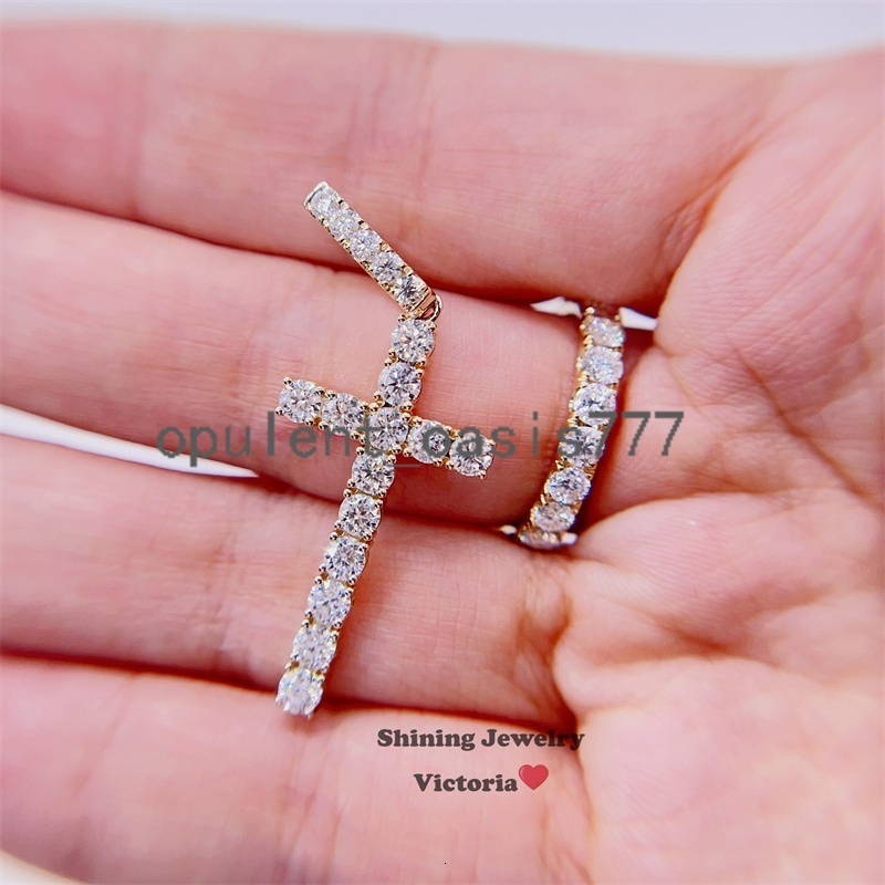 Wholesale Stock 10k Real Solid Gold Moissanite Diamond Cross Pendant 3MM GRA