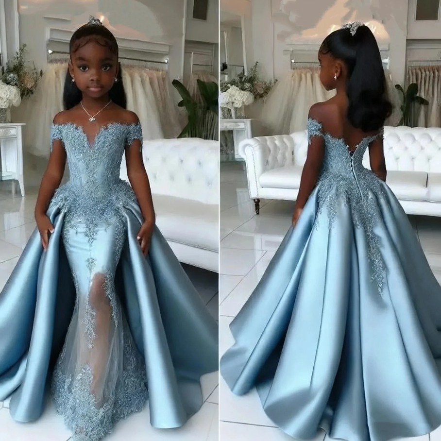 Elegant Satin Customized Flower Girl Lace Applique Mermaid Princess Skirts Pageant Dress High Low First Communion Gowns M30 ZD19