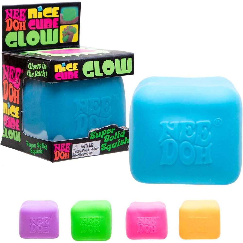 Schylling NeeDoh Nice Glow Squeeze Toy with a Super Solid Squish Glows in The Dark 2.25" Cube - Color May Vary Pack of 1 e95