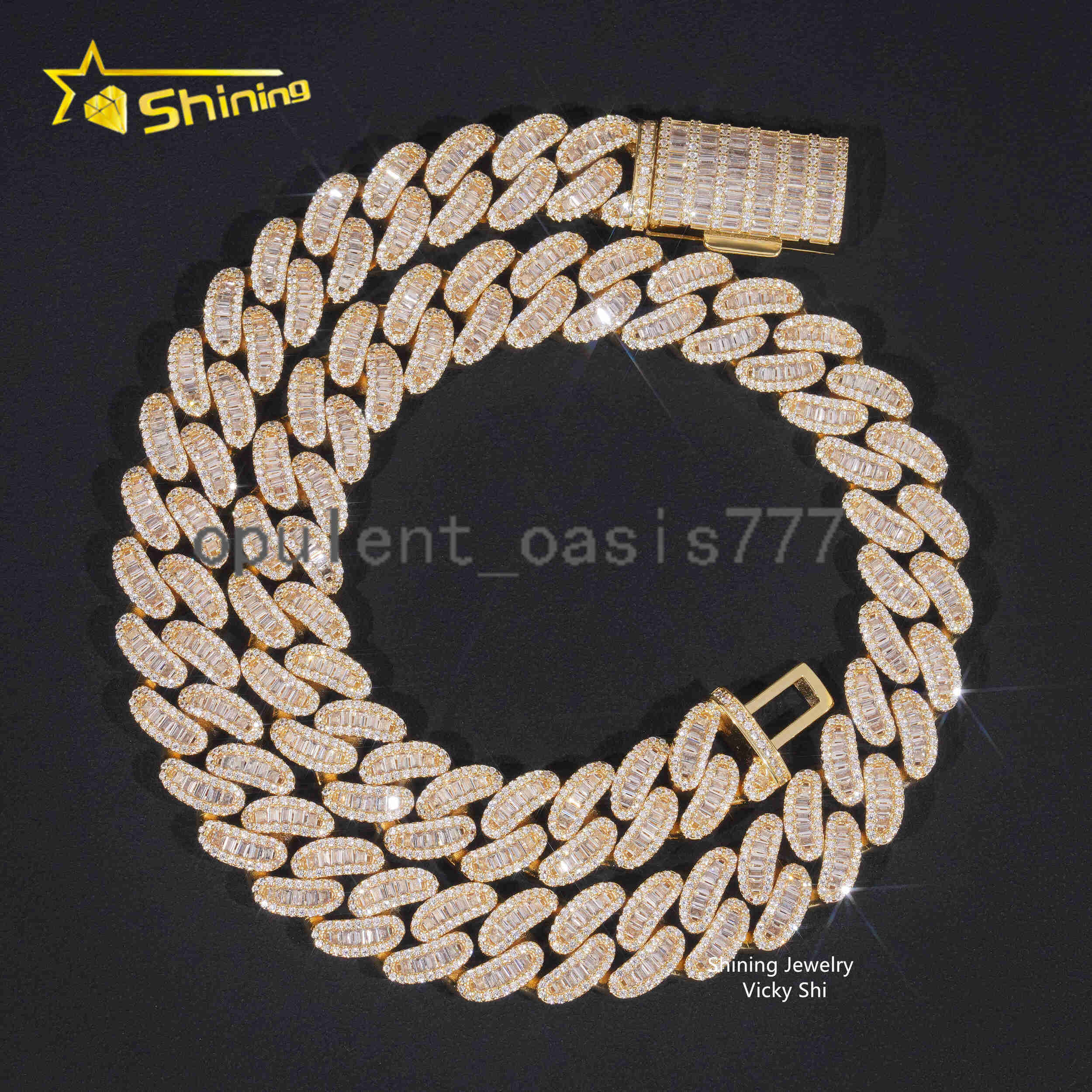 Fully Iced Out Baguette Diamond Man Hip Hop Necklace 925 Sterling Silver 16MM Width D VVS Moissanite Cuban Link Chain