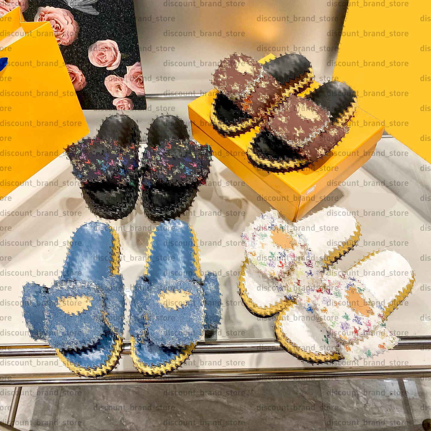 Designer slippers, pool pillow flat comfortable mules, retro classic summer beach denim slippers, embossed print slippers, men's and women's platform soft sandals CS21