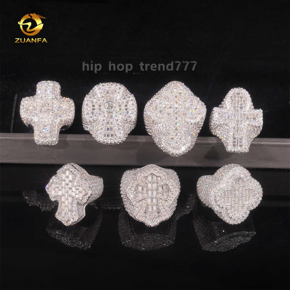 Iced Out Cross Ring 925 Sterling Silver VVS Moissanite Baguette Hip Hop Jewelry for Men Rapper